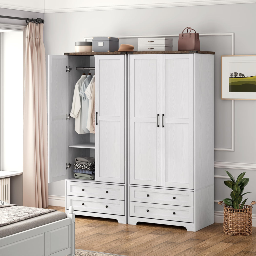 Brafab Armoire Wardrobe Closet with 2 Rattan Doors, 71" Farmhouse Tall Freestanding Coat Closet Wardrobe Cabinet with Drawers and Hanging Rail, Wooden Armoire Storage Cabinet with Shelf for Bedroom