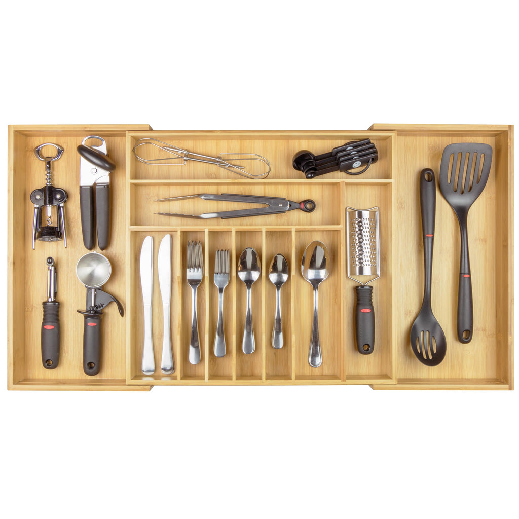 KitchenEdge Premium Silverware, Flatware and Utensil Organizer for Kitchen Drawers, Food-Safe Contract Grade, Expandable from 18 to 33 In, Natural Bamboo