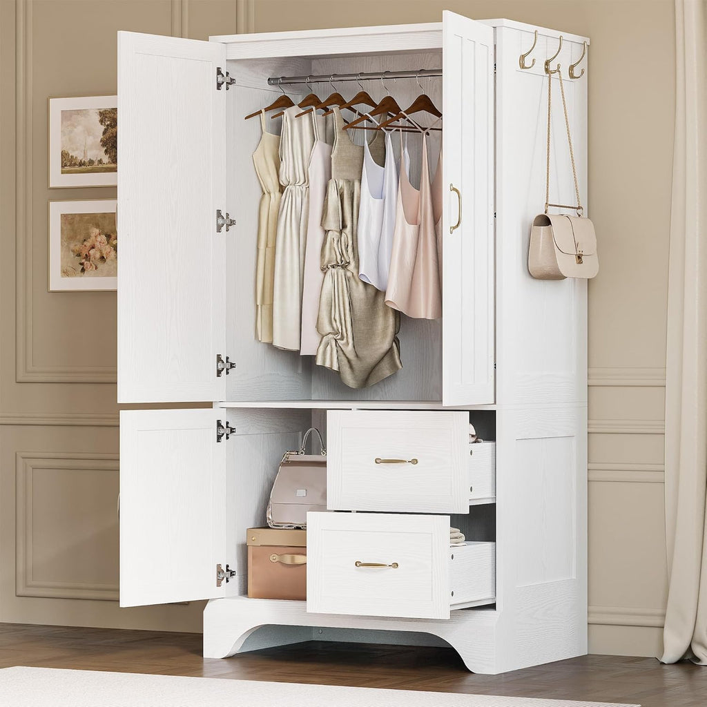 White 3-Door Mirrored Wooden Armoire Wardrobe Closet with 2 Drawers & Hanging Rod