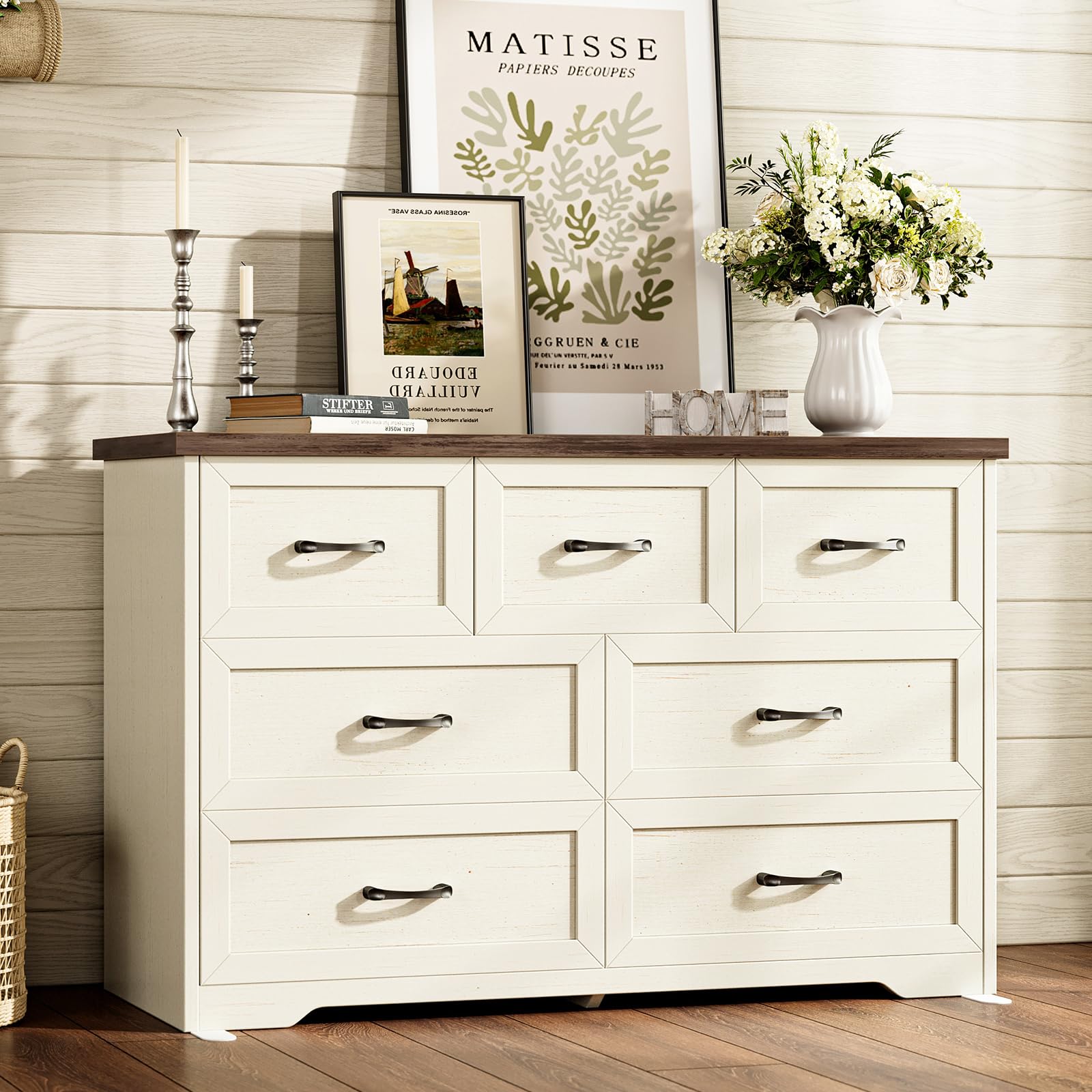 Vintage White Farmhouse 6-Drawer Wooden Dresser 47" Wide Bedroom Storage Chest