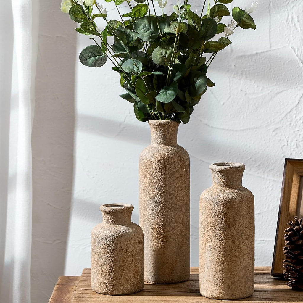 LUKA Ceramic Rustic Farmhouse Vase Set of 3,Terracotta Vases for Decor,Antique Vase for Your Bedroom,Office,Living Room,Fireplace,Bookshelf Decor,Housewarming (10+7.5+5 Inch)
