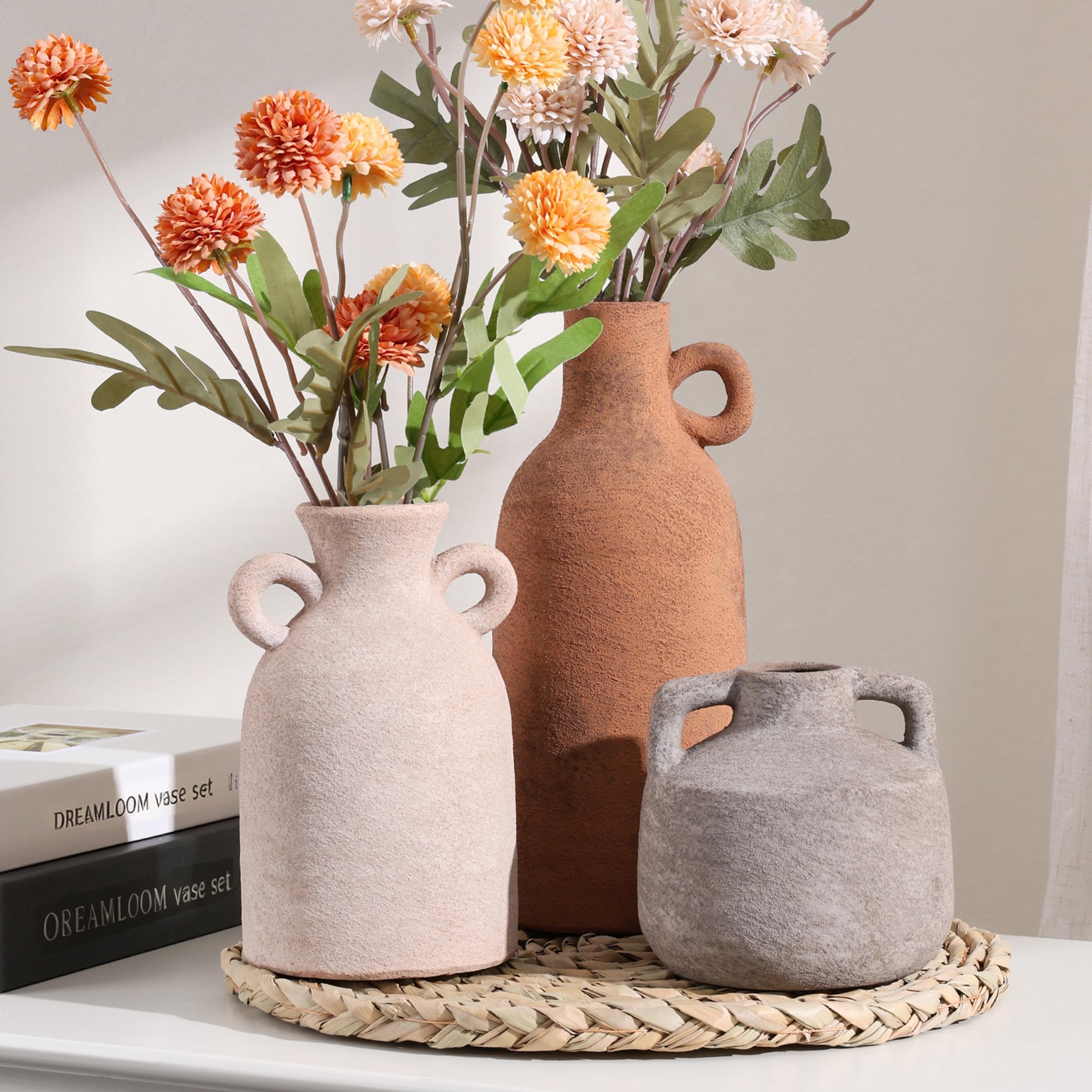 Ceramic Vase Set, 3Pcs Flower Vases for Modern Boho Farmhouse Decor, Decorative Vases for Pampas Grass & Dried Flowers, Distressed Finish