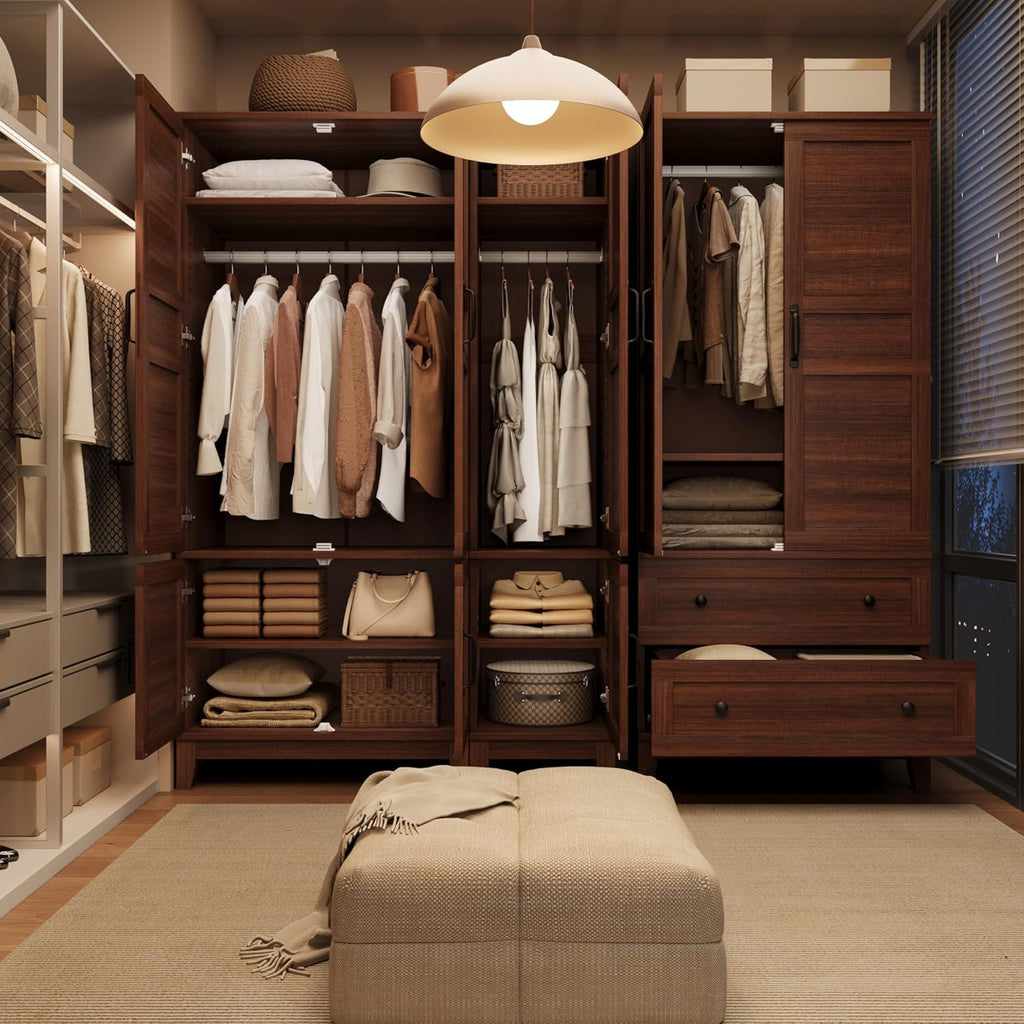Garvee Armoire Wardrobe Closet with 2 Drawers, 72 in Tall Wooden Organizer with Hanging Rod, Large Storage Cabinet with Doors and Adjustable Shelves for Bedroom and Living Room, Rustic Brown