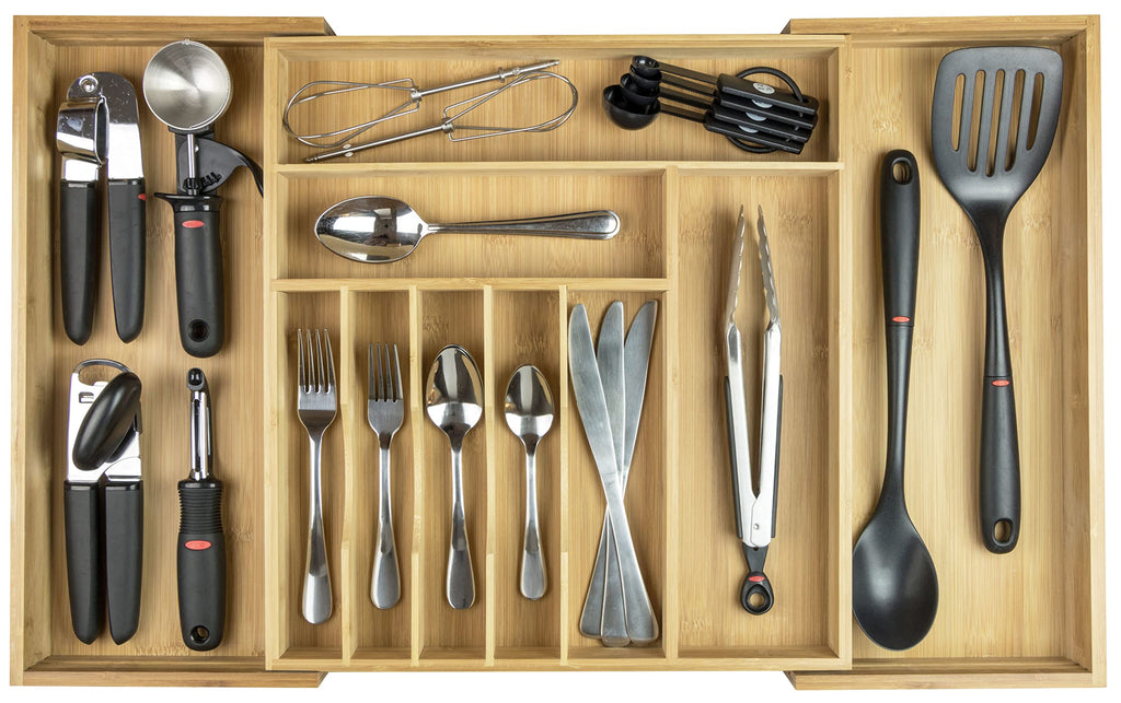 KitchenEdge Premium Silverware, Flatware and Utensil Organizer for Kitchen Drawers, Food-Safe Contract Grade, Expandable from 18 to 33 In, Natural Bamboo