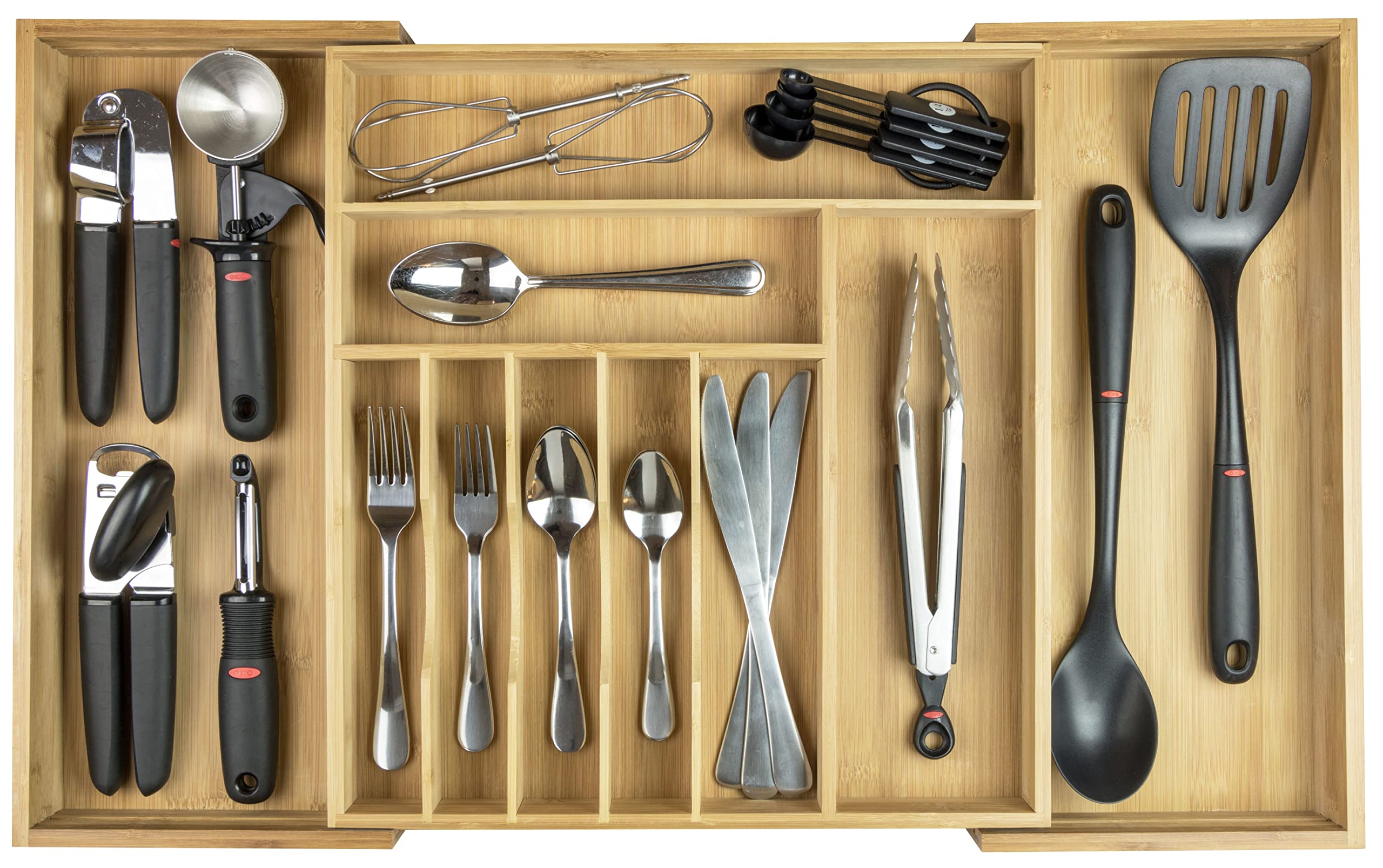 KitchenEdge Premium Silverware, Flatware and Utensil Organizer for Kitchen Drawers, Food-Safe Contract Grade, Expandable from 18 to 33 In, Natural Bamboo