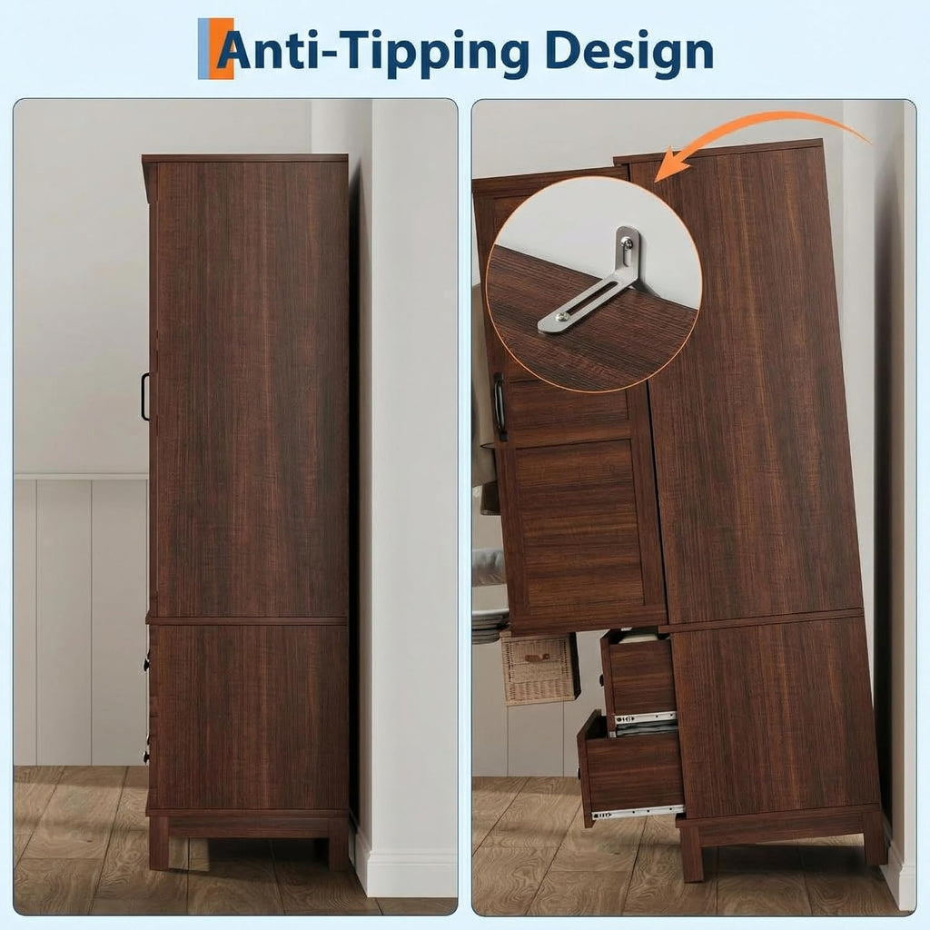IDEALHOUSE 72" Armoire Wardrobe Closet with 2 Drawers, Heavy Duty Wooden Clothing Storage Cabinet with Hanging Rod and Adjustable Shelves, Large Bedroom Armoire with Doors, Walnut
