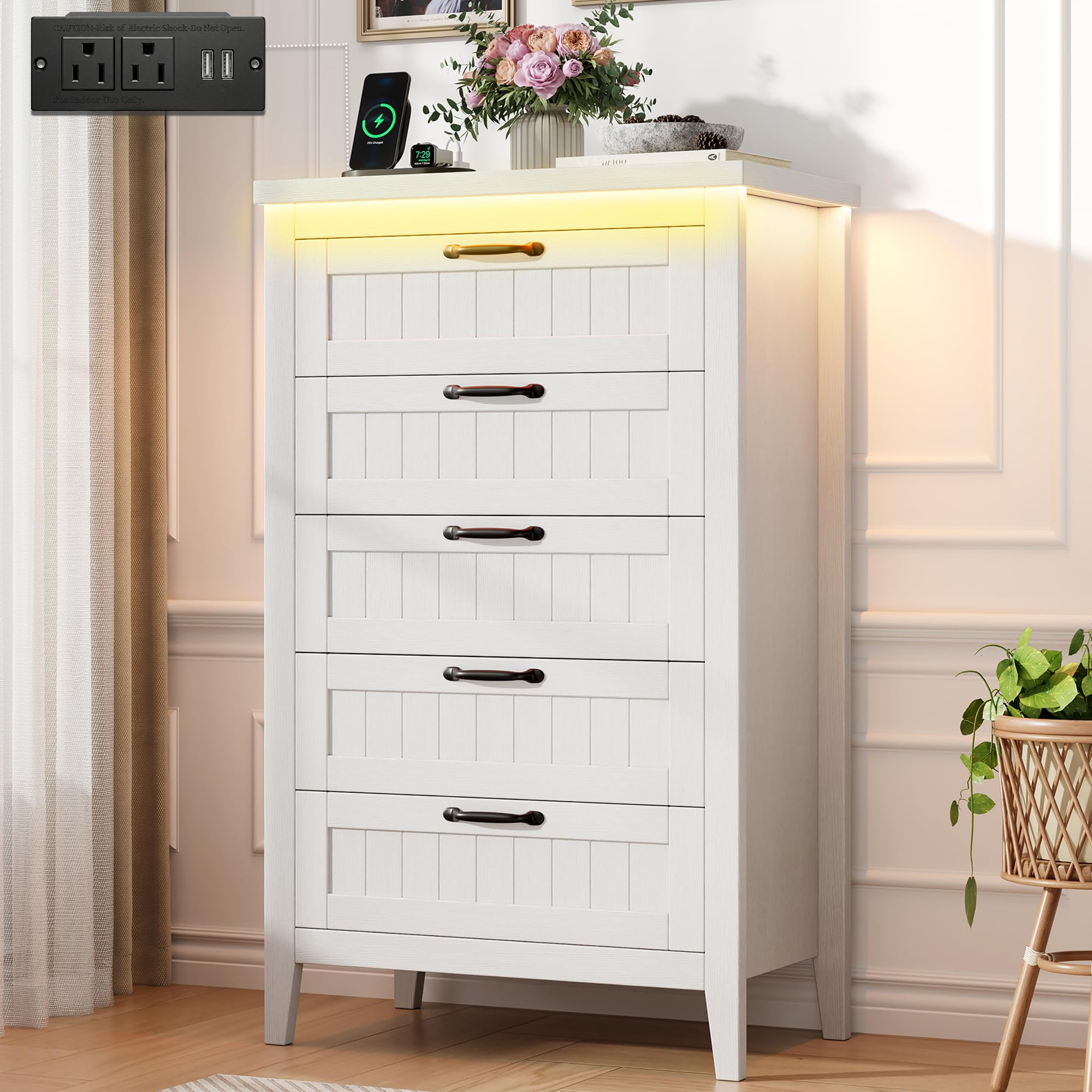 GarveeHome Farmhouse 6 Drawer Dresser with Charging Station & LED Lights, Slim Wooden Bedroom Dresser, Rustic Chest of Drawers Clothes Storage Organizer for Closet Dorm Apartments, White