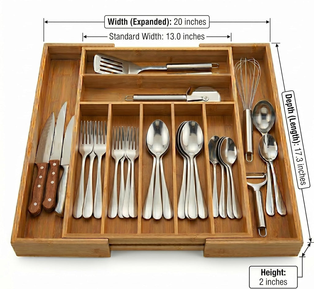 Expandable Bamboo Silverware Drawer Organizer - 20" Extra Wide Cutlery Tray with 9 Deep Compartments - 17.3" Length Large Utensil Holder & Kitchen Drawer Divider (Natural)