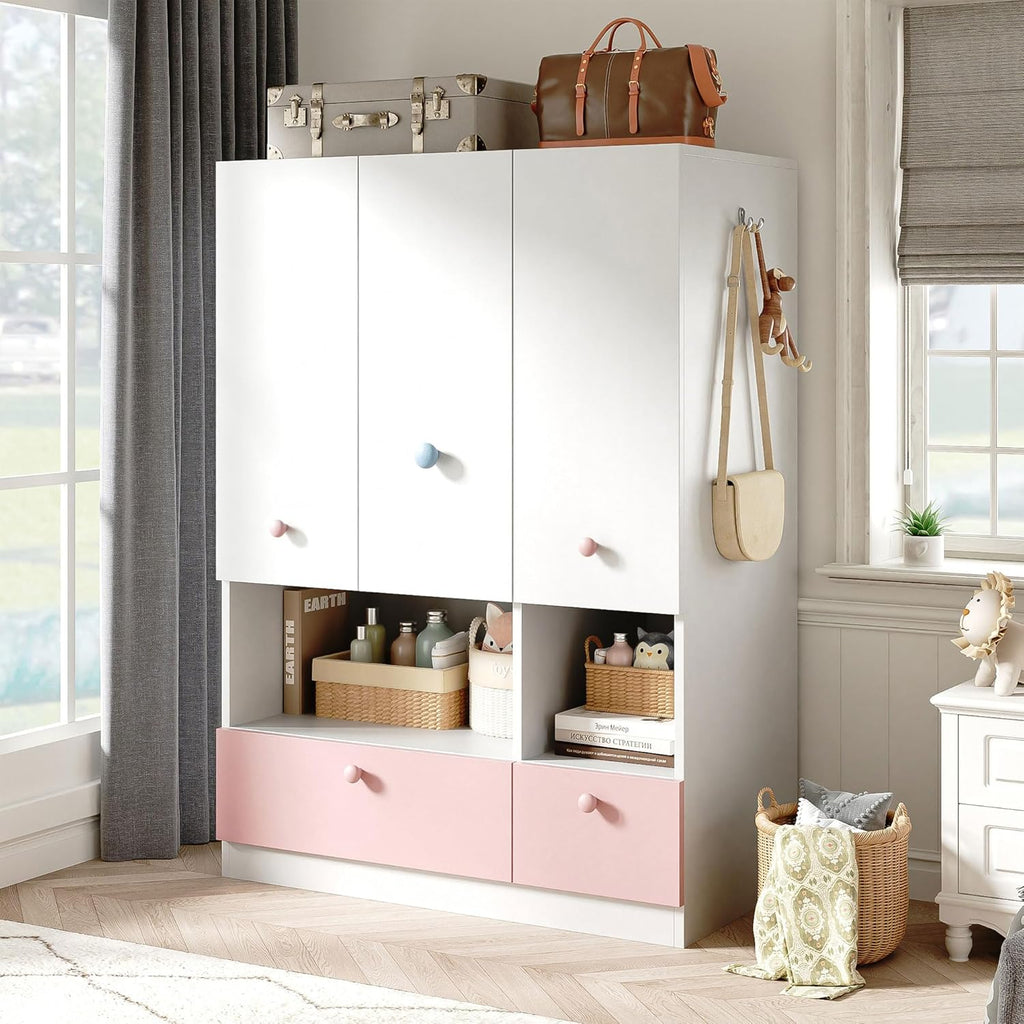 3-Door White Wooden Armoire Wardrobe with Drawers, Adjustable Shelves & Hanging Rod