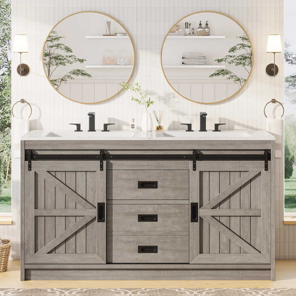 AMERLIFE 48" Farmhouse Freestanding Bathroom Vanity with Sink, Sliding Barn Doors Bathroom Vanity with Drawers & Deep Basin, Spacious Bathroom Storage, Rustic White