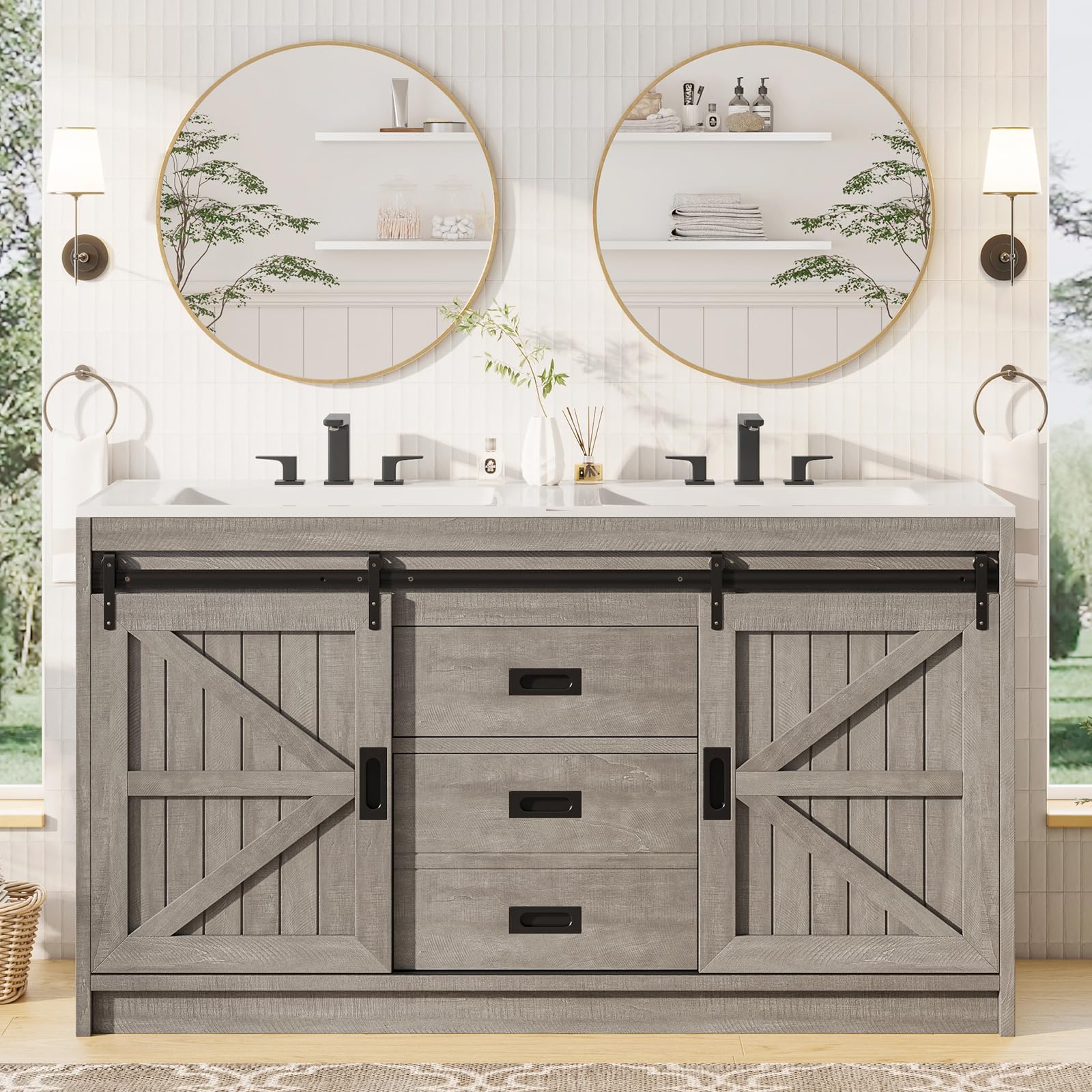 AMERLIFE 48" Farmhouse Freestanding Bathroom Vanity with Sink, Sliding Barn Doors Bathroom Vanity with Drawers & Deep Basin, Spacious Bathroom Storage, Rustic White