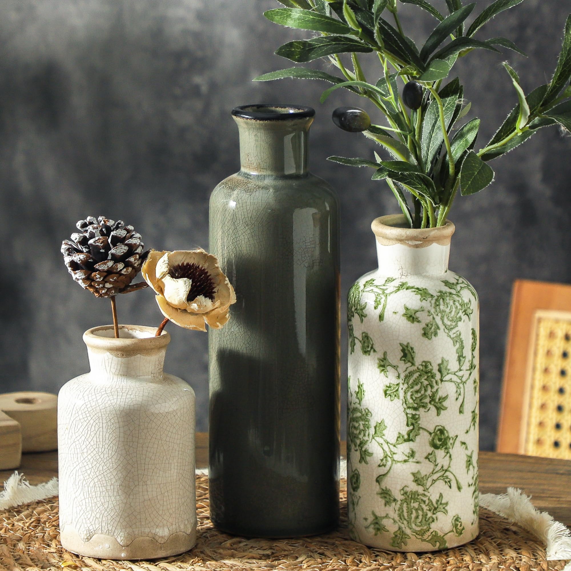 Set of 3 Whitewashed Farmhouse Ceramic Vases Neutral Rustic Home Decor Vases