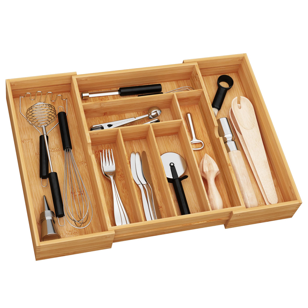 BAMEOS 3.9inch Tall Bamboo Drawer Organizer, Expandable Utensil Holder with 8 Compartments, Adjustable Kitchen Drawer Divider for Flatware, Silverware and Gadgets, Deep Storage for Home and Office