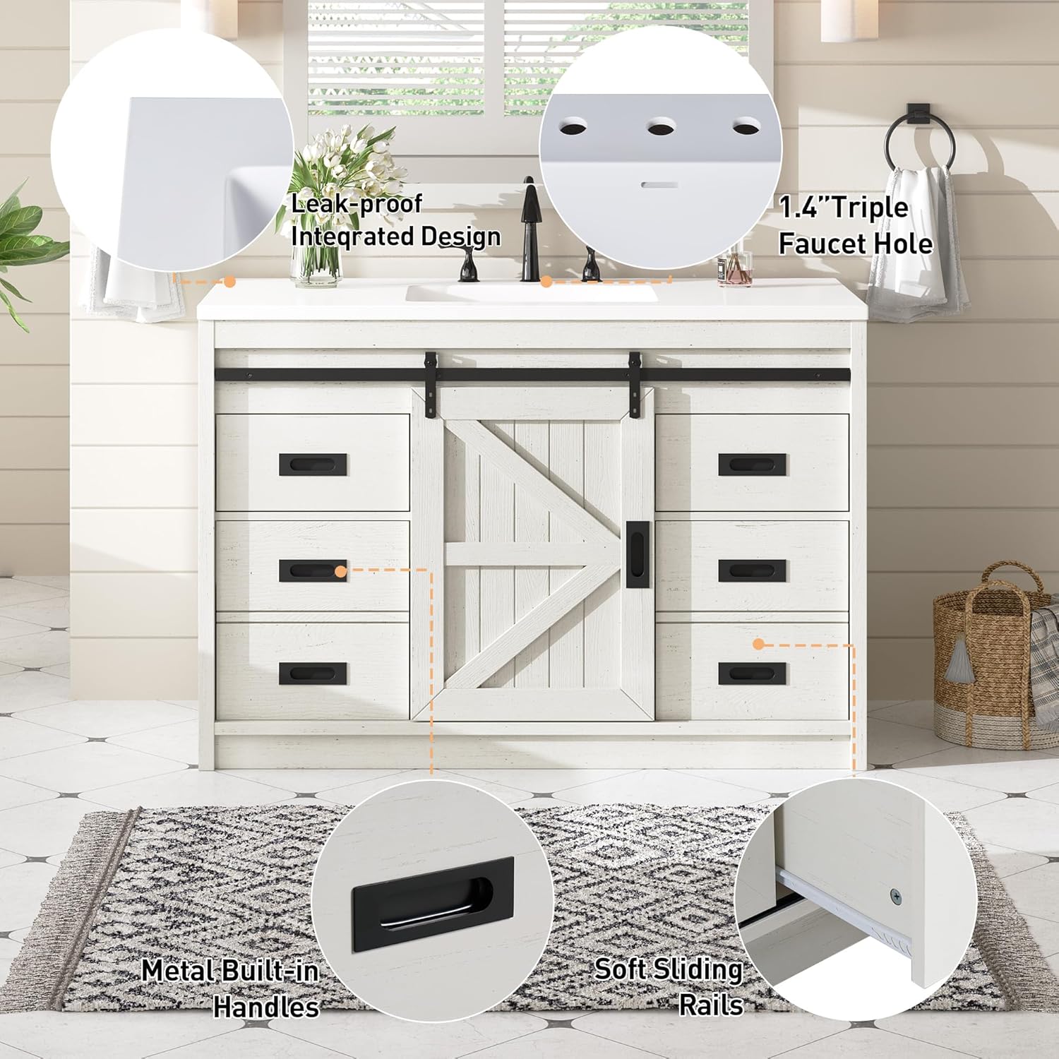 AMERLIFE 48" Farmhouse Freestanding Bathroom Vanity with Sink, Sliding Barn Doors Bathroom Vanity with Drawers & Deep Basin, Spacious Bathroom Storage, Rustic White
