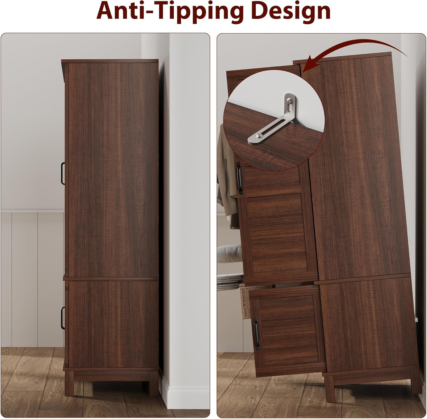 GarveeHome 72" Tall Armoire Wardrobe Closet with 4 Doors, Large Wooden Wardrobe Cabinet with Hanging Rod and Adjustable Shelves, Freestanding Clothing Storage Cabinet for Bedroom, Walnut Brown