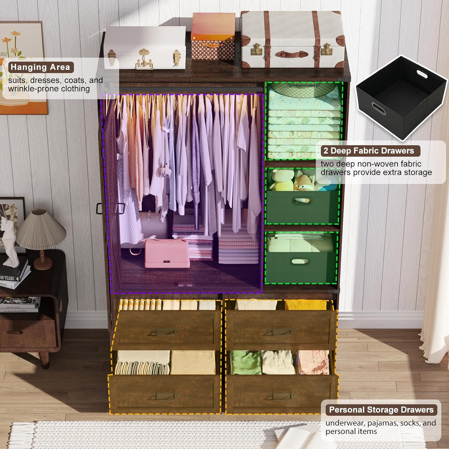 Farmhouse 3 Doors Armoire Wardrobe Closet w/Folding Sliding Barn Door and Lights, LED Armoire Closet w/Drawers for Bedroom, Freestanding Wooden Wardrobe Storage Closets w/Hanging Rod,Rustic Brown