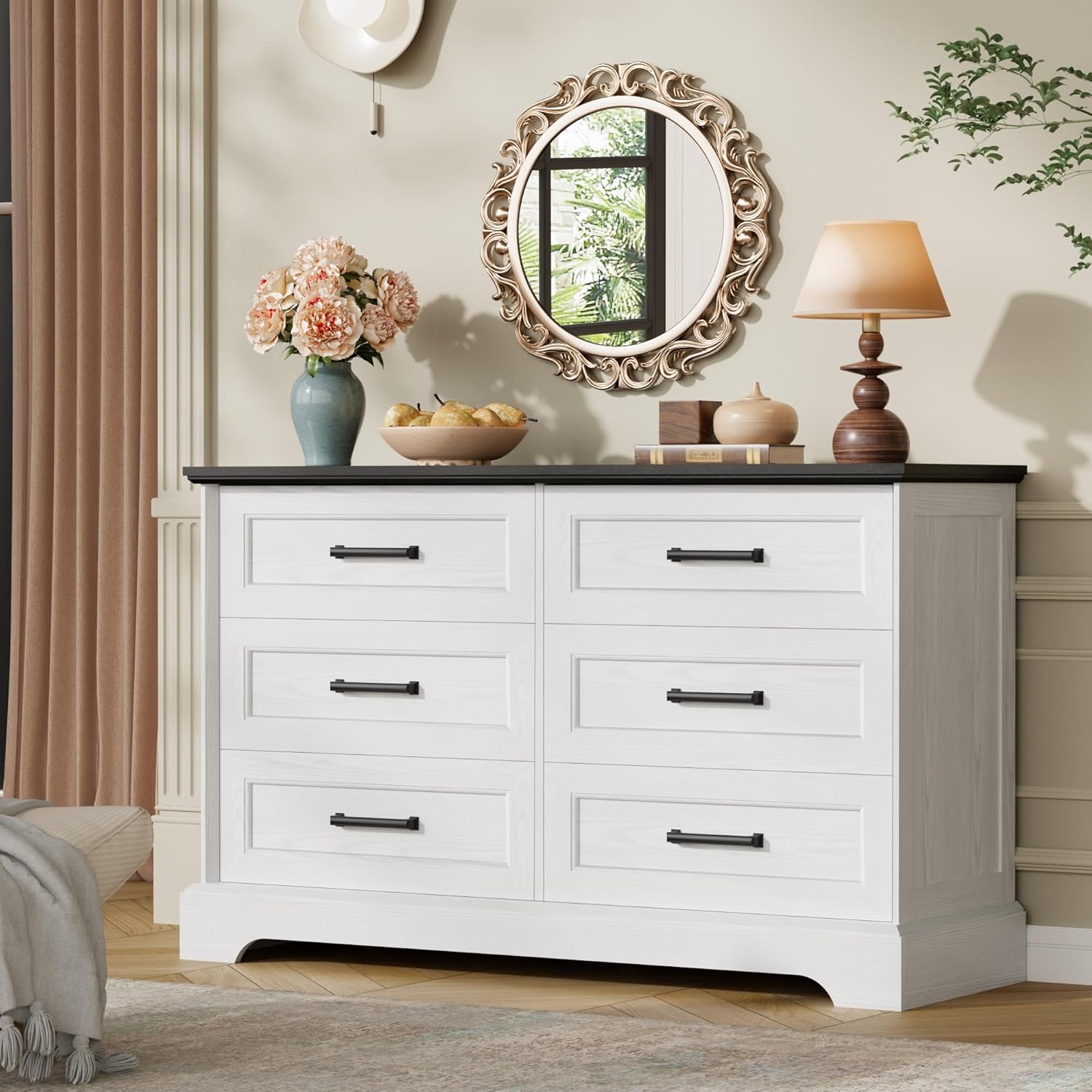 Furmax Farmhouse Dresser for Bedroom, 6 Drawers Dresser, Wood Chest of Drawers, 47.2" Wide Storage Dressers Organizer for Bedroom, Living Room, White and Black
