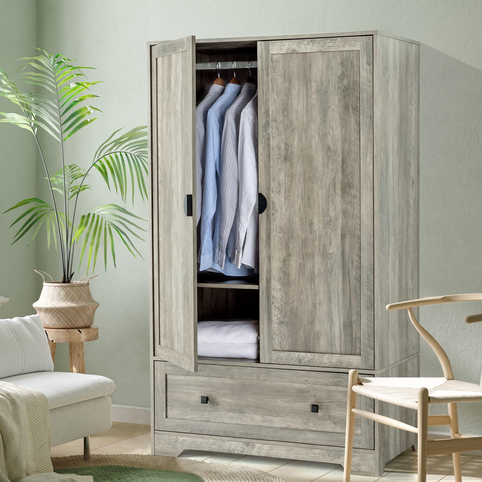 VINGLI Fluted Wardrobe Closet Armoire with Doors And Drawers, Wardrobe Cabinet with Hanging Rack, Bedroom Closet Wood, Oak Free Standing Armoire with Shelf and Solid Wood Legs, 31.5"W*19.7"D*69.3"H