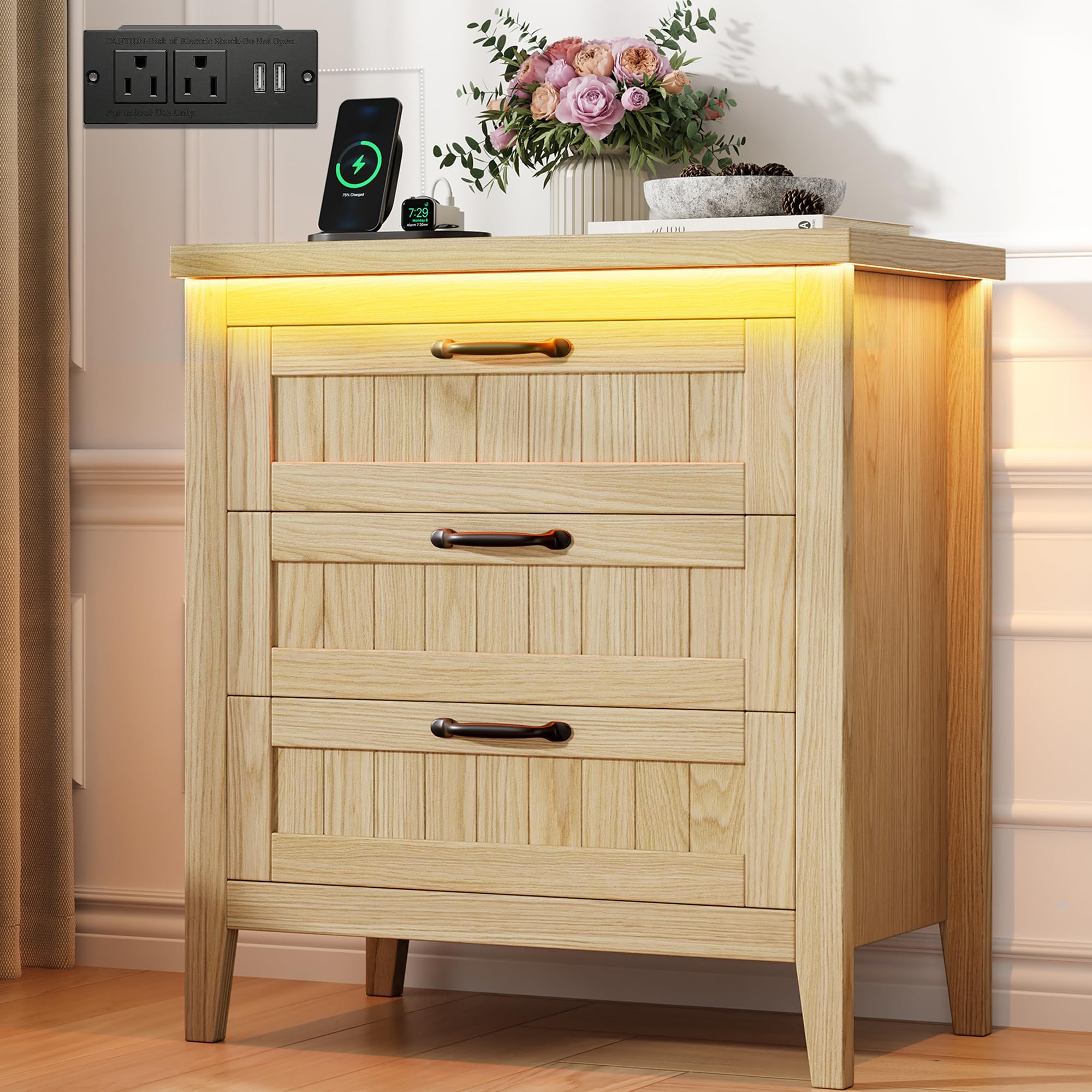 GarveeHome Farmhouse 6 Drawer Dresser with Charging Station & LED Lights, Slim Wooden Bedroom Dresser, Rustic Chest of Drawers Clothes Storage Organizer for Closet Dorm Apartments, White