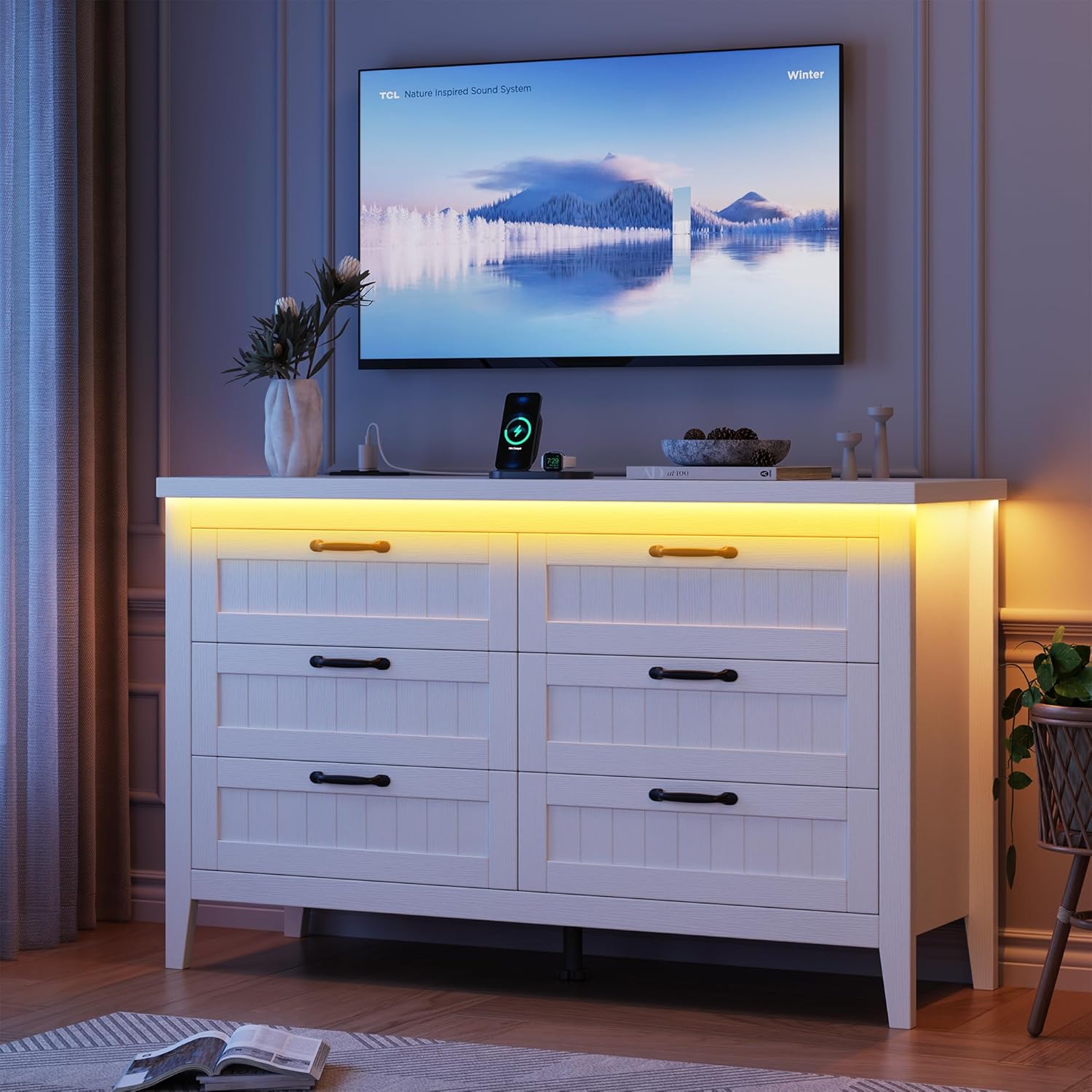 GarveeHome Farmhouse 6 Drawer Dresser with Charging Station & LED Lights, Slim Wooden Bedroom Dresser, Rustic Chest of Drawers Clothes Storage Organizer for Closet Dorm Apartments, White