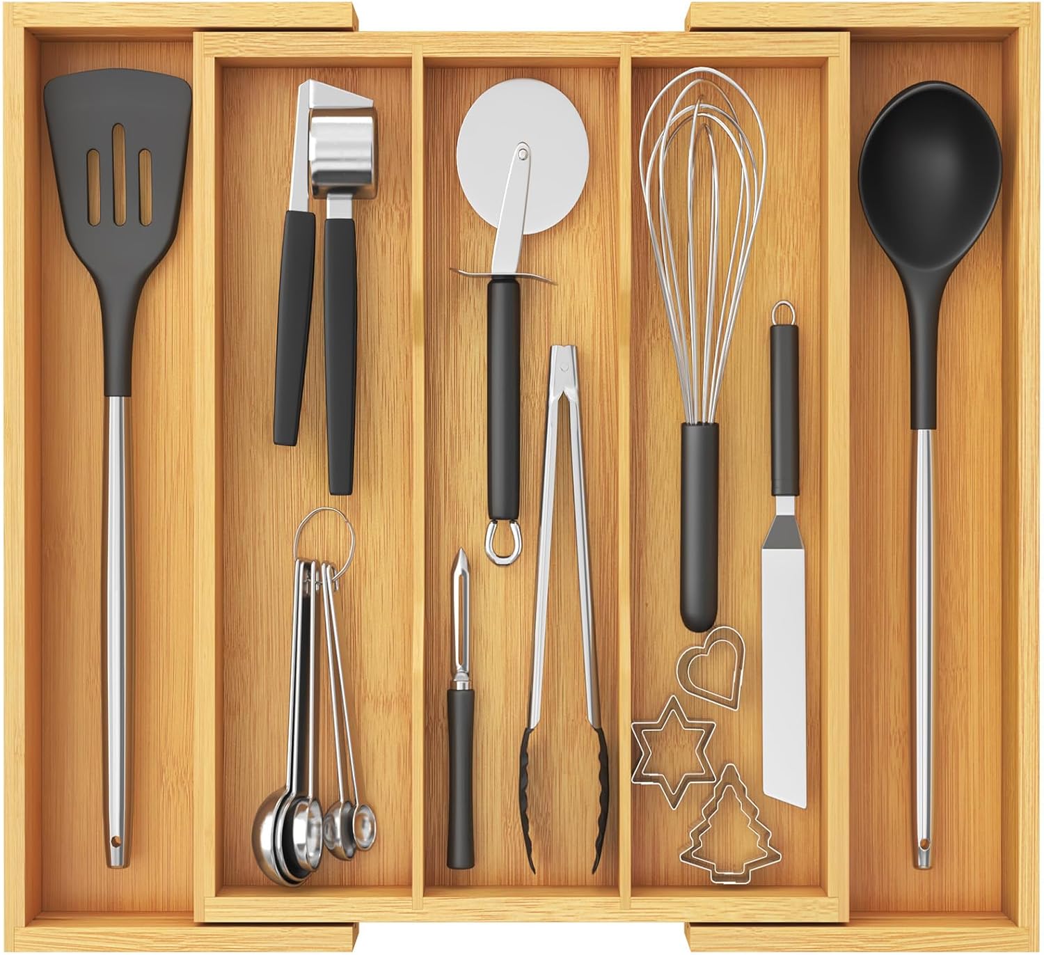 Expandable Wooden Kitchen Drawer Utensil Organizer Adjustable Cutlery Storage Tray 33-56×38cm Natural