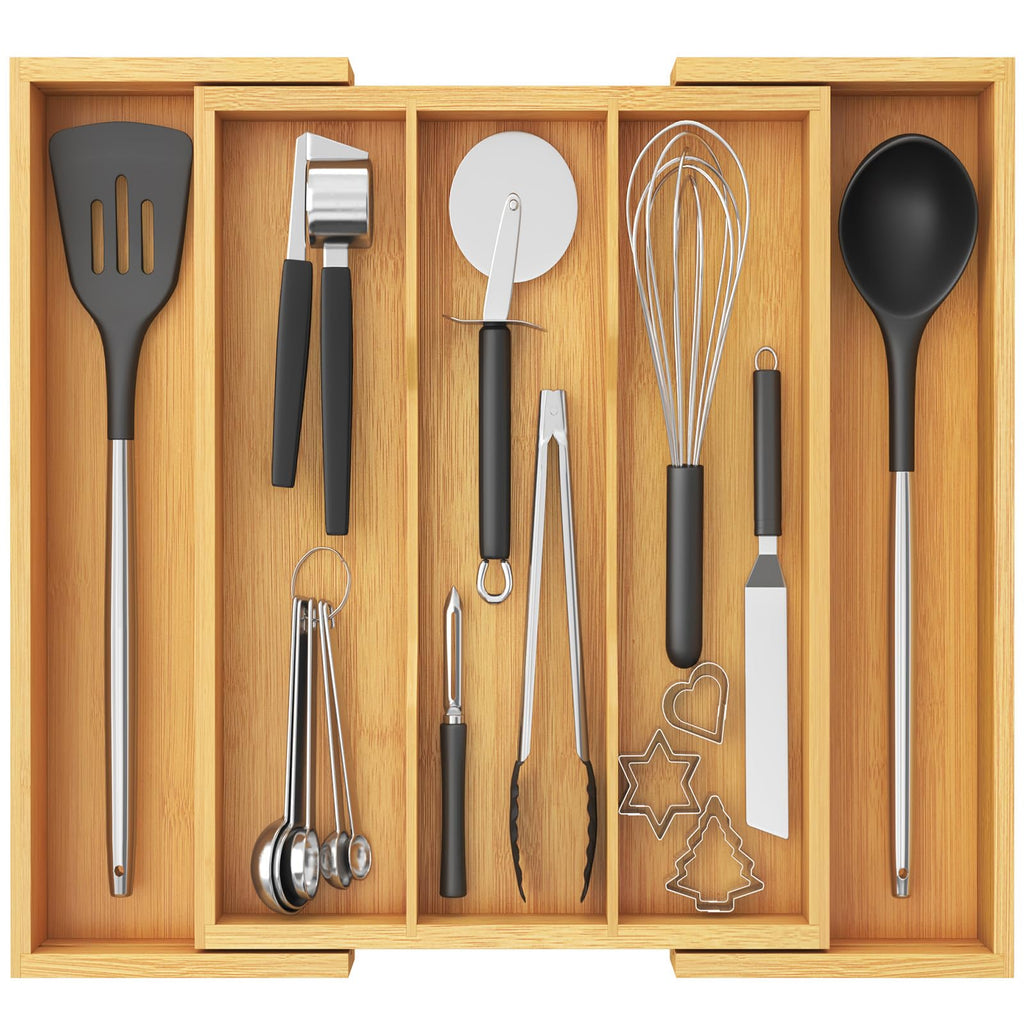 Expandable Wooden Kitchen Drawer Utensil Organizer Adjustable Cutlery Storage Tray 33-56×38cm Natural
