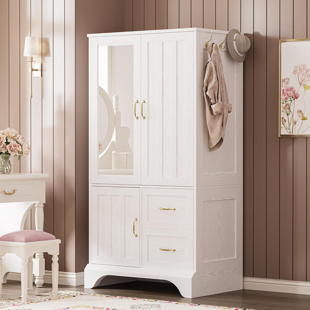 White 3-Door Mirrored Wooden Armoire Wardrobe Closet with 2 Drawers & Hanging Rod