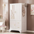 White 3-Door Mirrored Wooden Armoire Wardrobe Closet with 2 Drawers & Hanging Rod