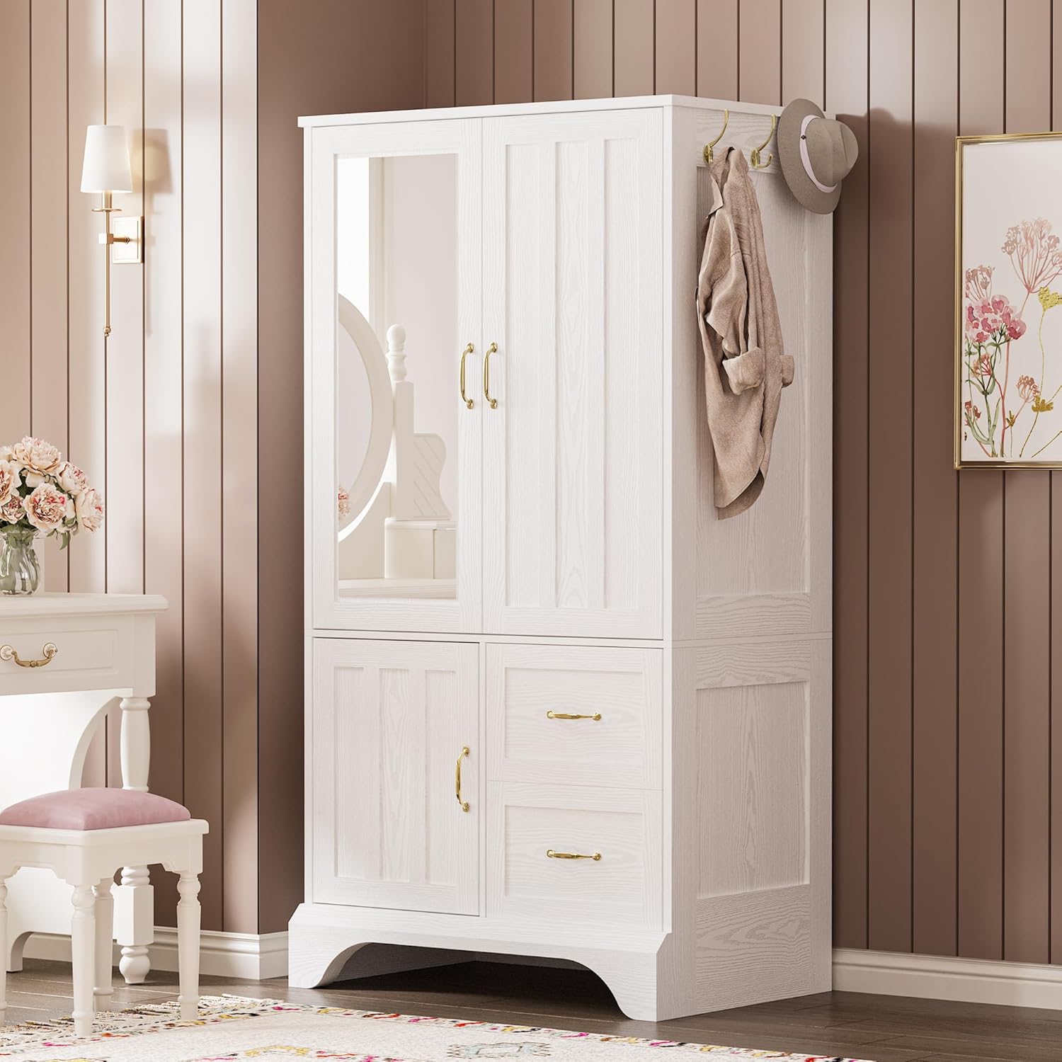 White 3-Door Mirrored Wooden Armoire Wardrobe Closet with 2 Drawers & Hanging Rod