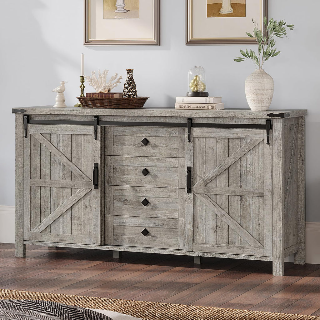 AMERLIFE 60" Farmhouse Dresser with Sliding Barn Doors, Rustic Dresser TV Stand with 4 Drawers, Storage Organizer for Bedroom/Entryway, Distressed White