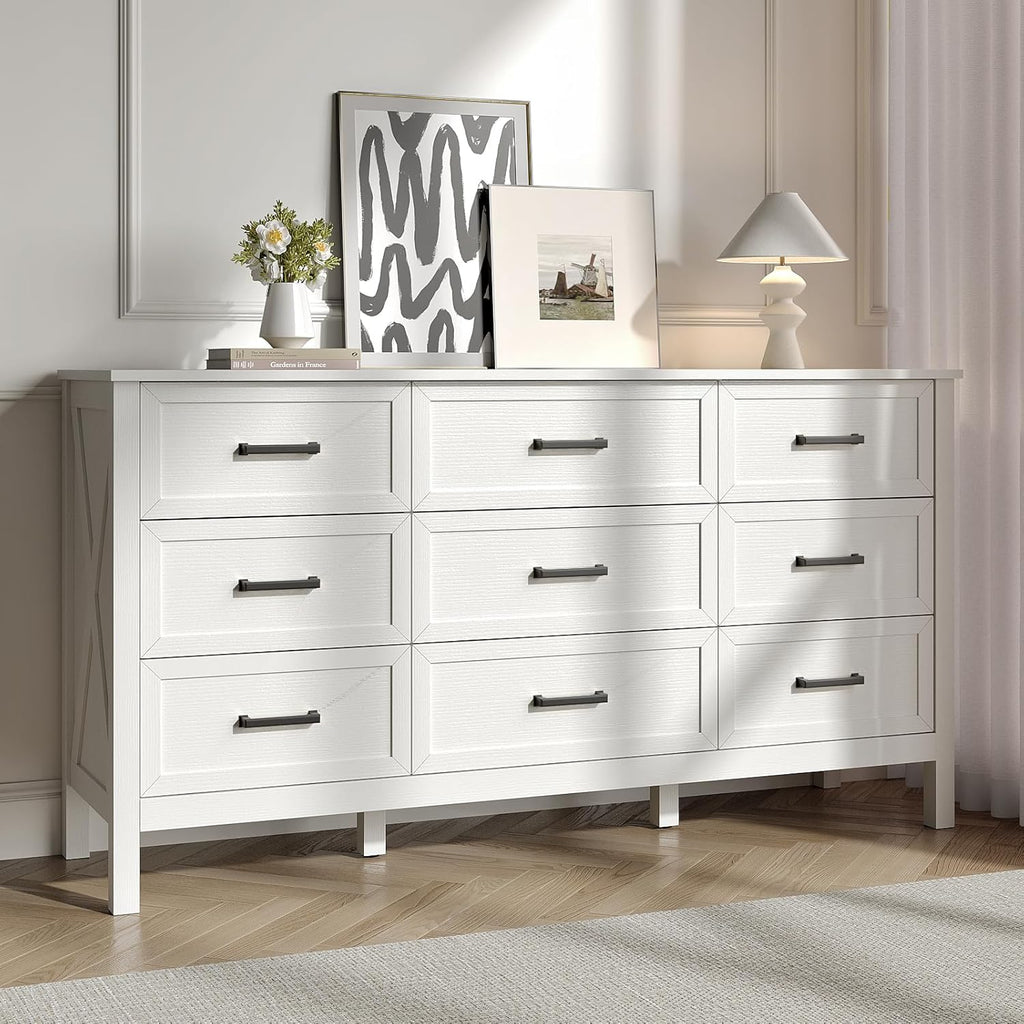Farmhouse White 9 Drawers Dresser for Bedroom, Wood Rustic Wide Dressers with Metal Handles, Wood Chest for Bedroom, Hallway, Entryway