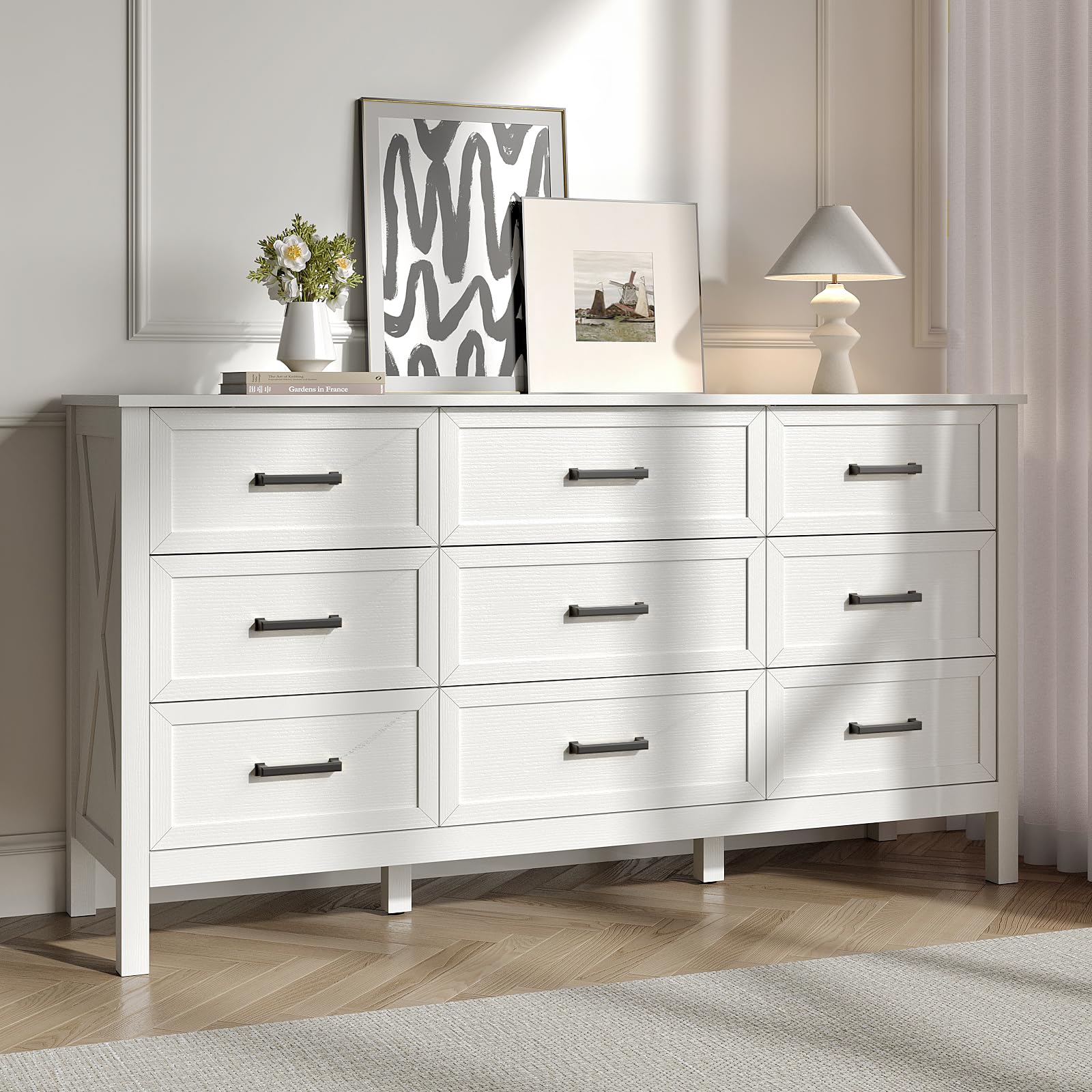 Farmhouse White 9 Drawers Dresser for Bedroom, Wood Rustic Wide Dressers with Metal Handles, Wood Chest for Bedroom, Hallway, Entryway