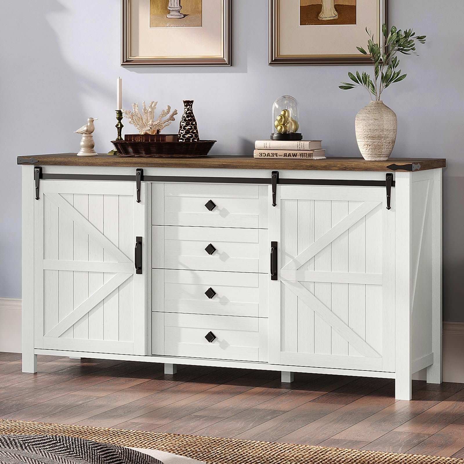 AMERLIFE 60" Farmhouse Dresser with Sliding Barn Doors, Rustic Dresser TV Stand with 4 Drawers, Storage Organizer for Bedroom/Entryway, Distressed White