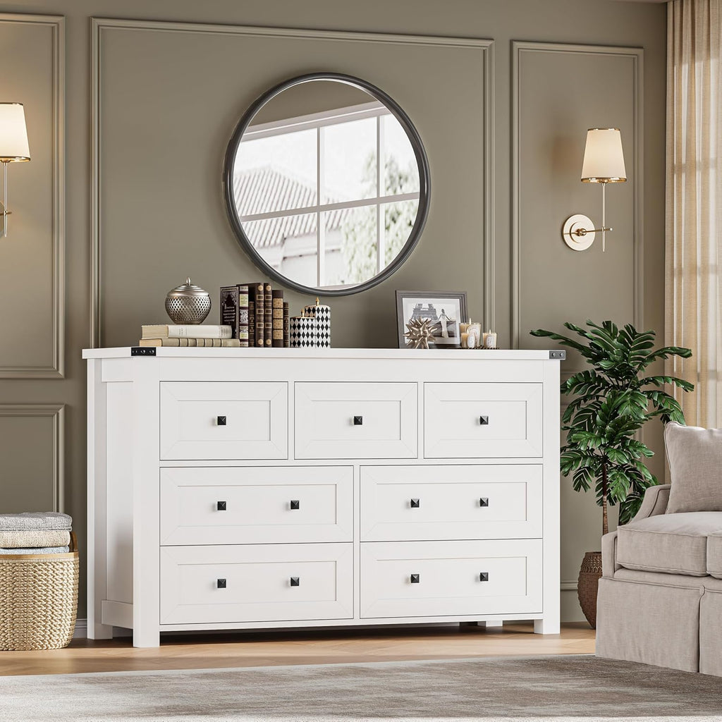 BORNOON 7-Drawer Dresser, Modern Wooden Storage Chest of Drawers, Dresser TV Stand, Wood Drawer Organizer with Metal Handles for Bedroom, Living Room, Hallway