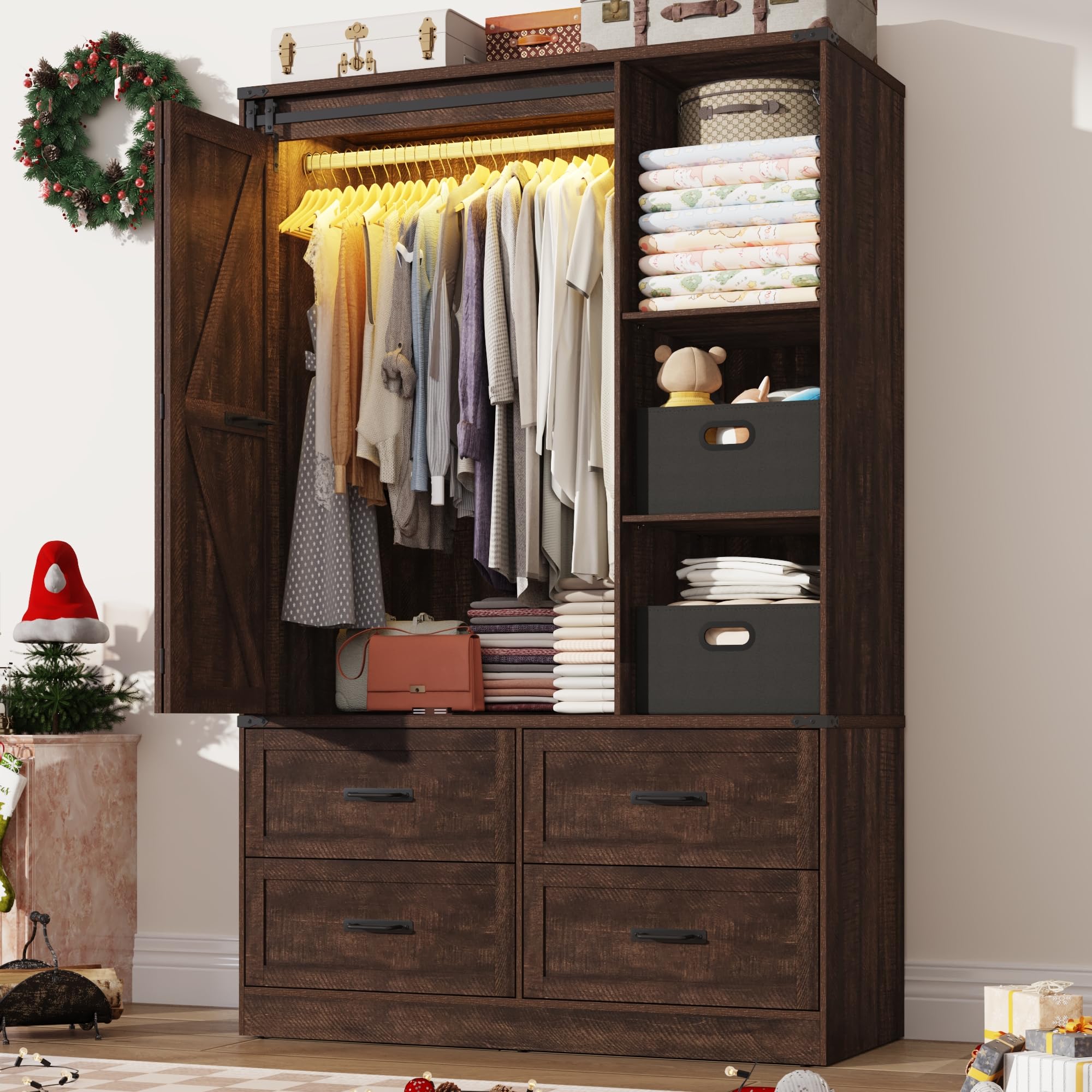 Farmhouse 3 Doors Armoire Wardrobe Closet w/Folding Sliding Barn Door and Lights, LED Armoire Closet w/Drawers for Bedroom, Freestanding Wooden Wardrobe Storage Closets w/Hanging Rod,Rustic Brown