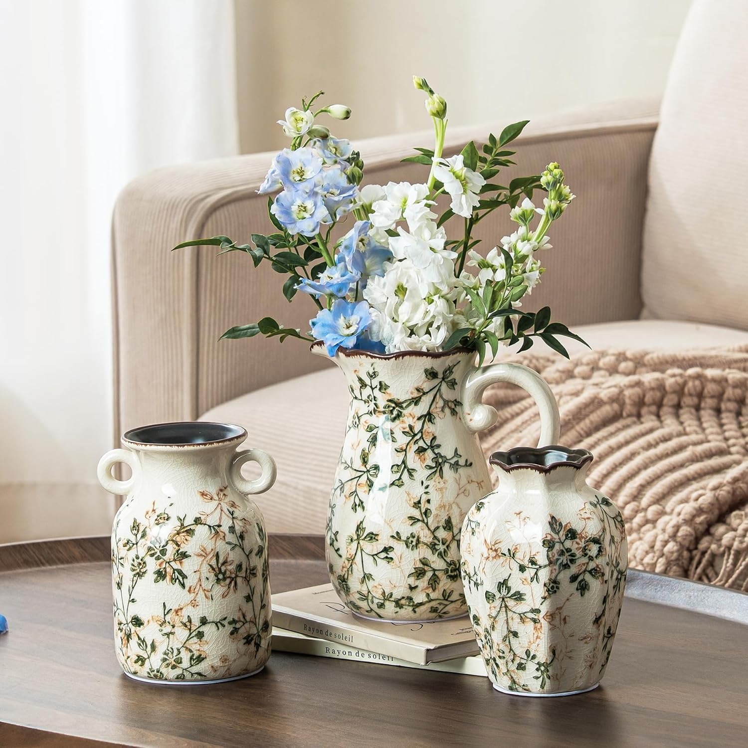 Ceramic Flower Vases Set of 3 | Green Rustic Farmhouse Vase Set for Home Decor, Vintage Floral Decorative Vase for Living Room & Kitchen, Mantel & Bookshelf, Centerpieces, Entryway(5.7+5.9+7.1Inch)