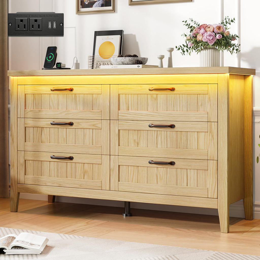 GarveeHome Farmhouse 6 Drawer Dresser with Charging Station & LED Lights, Slim Wooden Bedroom Dresser, Rustic Chest of Drawers Clothes Storage Organizer for Closet Dorm Apartments, White