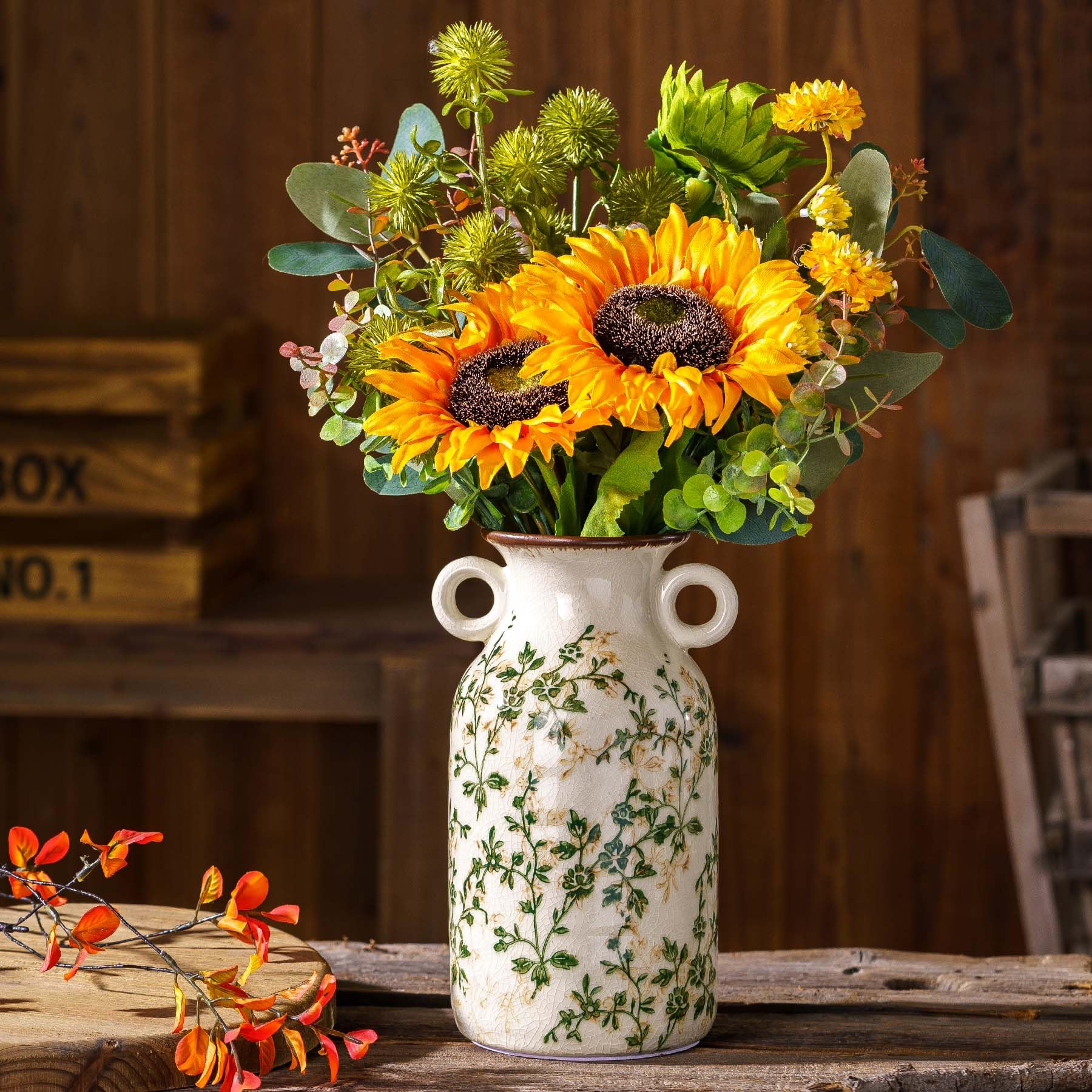 Ceramic Flower Vases Set of 3 | Green Rustic Farmhouse Vase Set for Home Decor, Vintage Floral Decorative Vase for Living Room & Kitchen, Mantel & Bookshelf, Centerpieces, Entryway(5.7+5.9+7.1Inch)