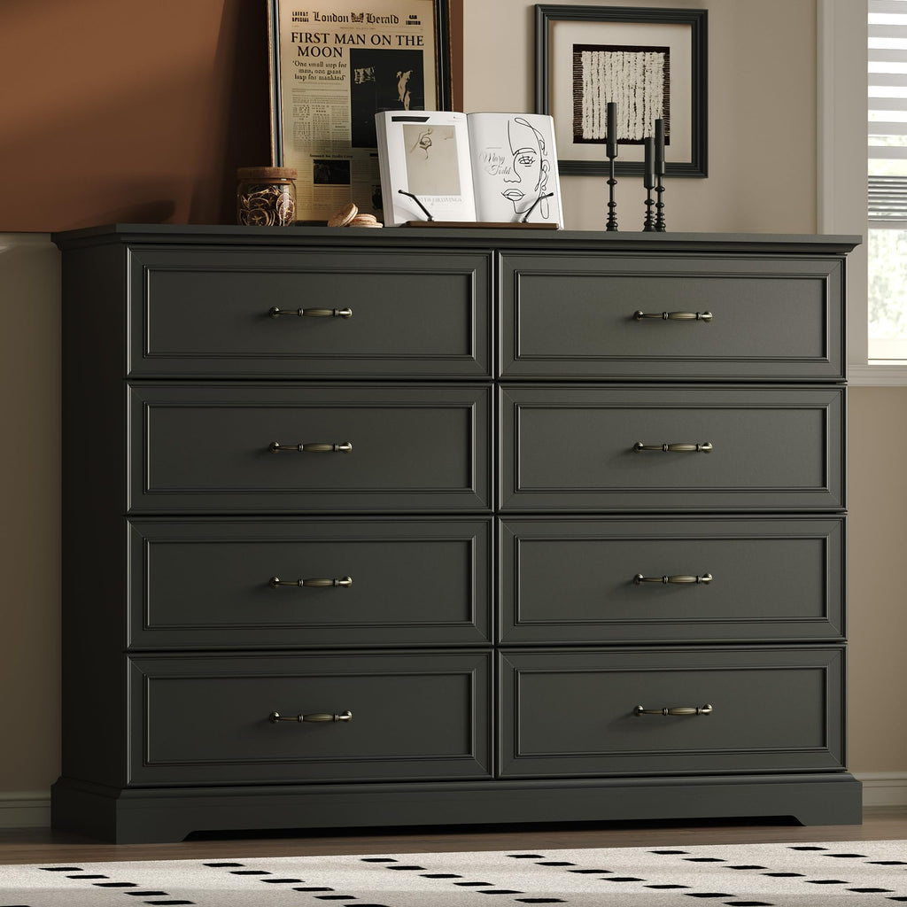 White Farmhouse 8-Drawer Wooden Dresser, 54" Wide Rustic Storage Chest with Bar Handles