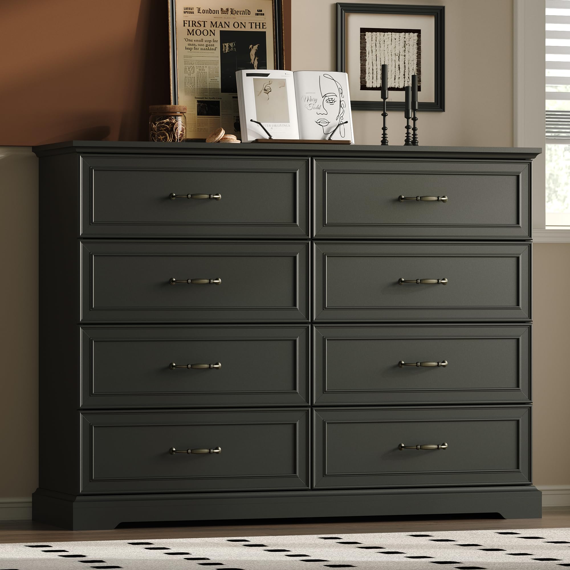 White Farmhouse 8-Drawer Wooden Dresser, 54" Wide Rustic Storage Chest with Bar Handles