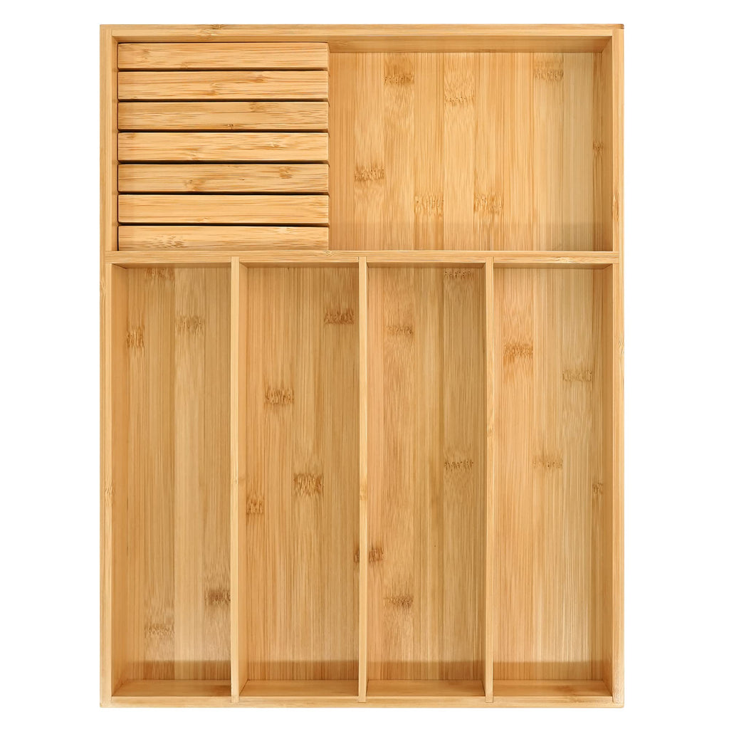 VaeFae Bamboo Silverware Drawer Organizer Kitchen, Expandable Utensil Organizer with Knife Block, Cutlery Tray with Divider, Multifunctional Drawer Organizer