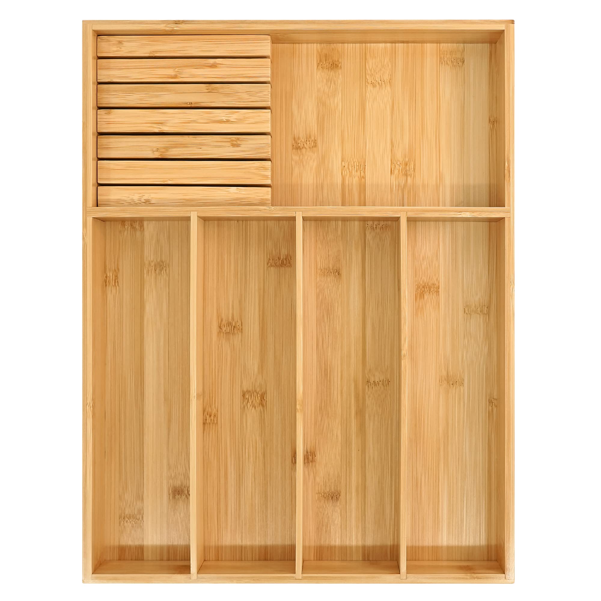 VaeFae Bamboo Silverware Drawer Organizer Kitchen, Expandable Utensil Organizer with Knife Block, Cutlery Tray with Divider, Multifunctional Drawer Organizer
