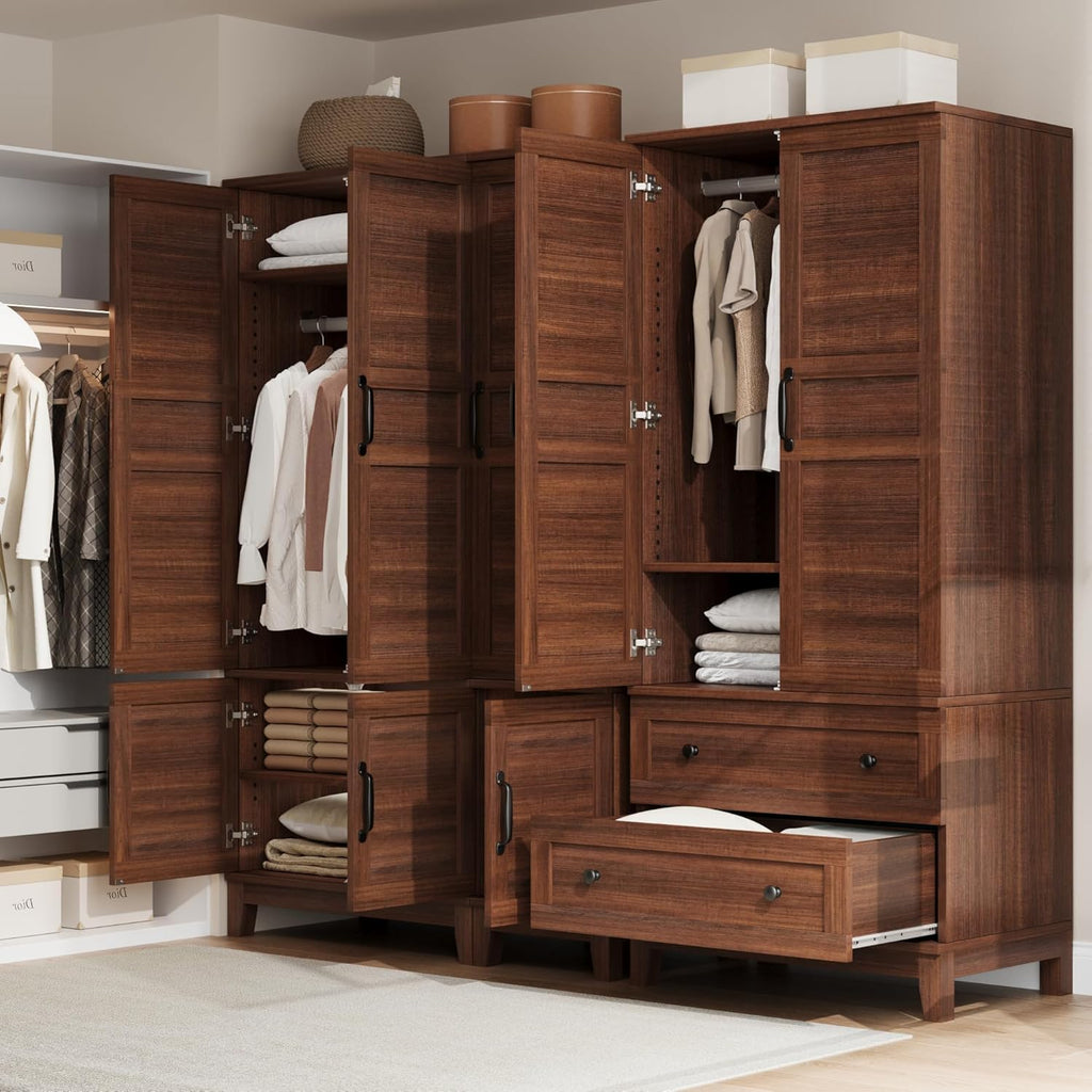 Garvee Armoire Wardrobe Closet with 2 Drawers, 72 in Tall Wooden Organizer with Hanging Rod, Large Storage Cabinet with Doors and Adjustable Shelves for Bedroom and Living Room, Rustic Brown