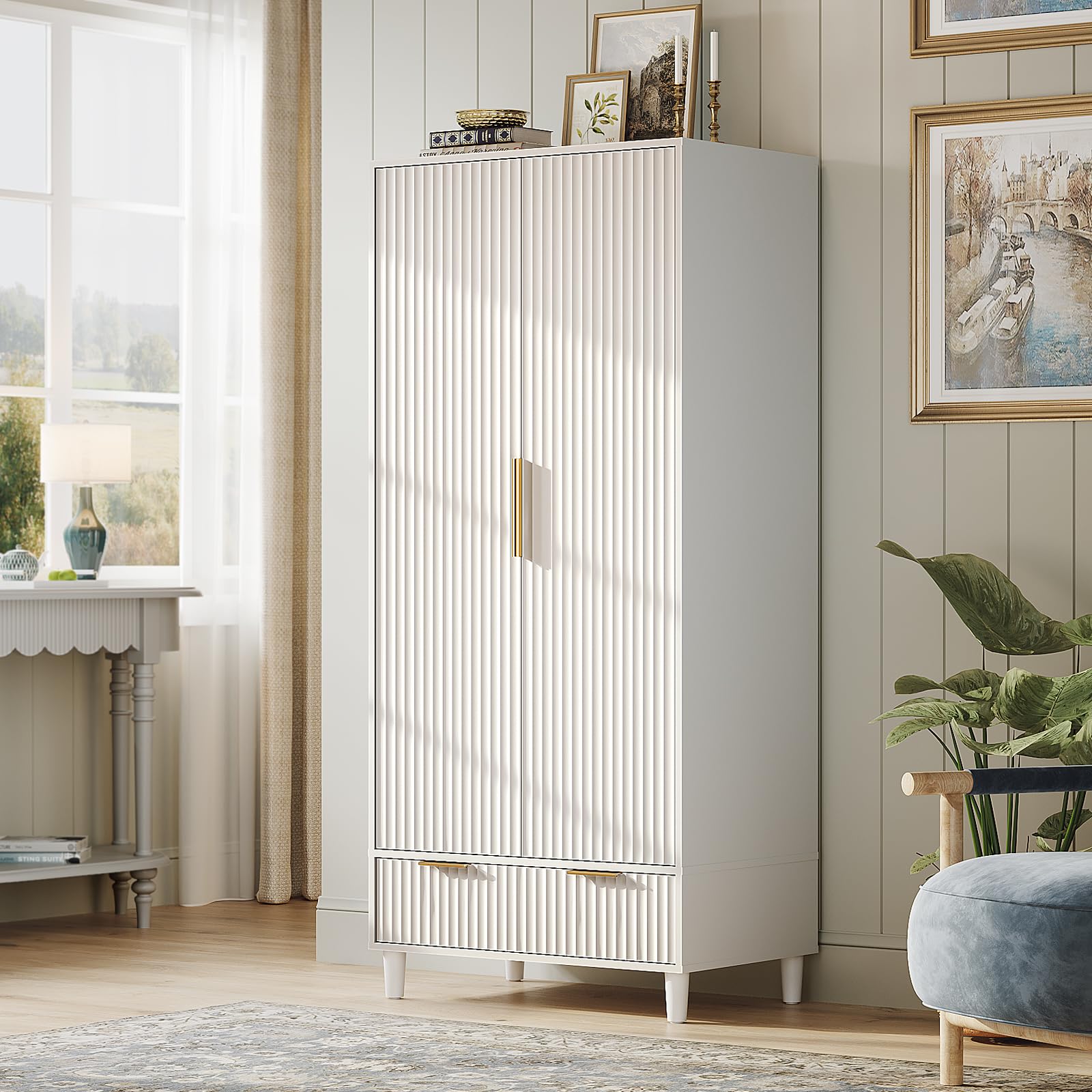 VINGLI Fluted Wardrobe Closet Armoire with Doors And Drawers, Wardrobe Cabinet with Hanging Rack, Bedroom Closet Wood, Oak Free Standing Armoire with Shelf and Solid Wood Legs, 31.5"W*19.7"D*69.3"H