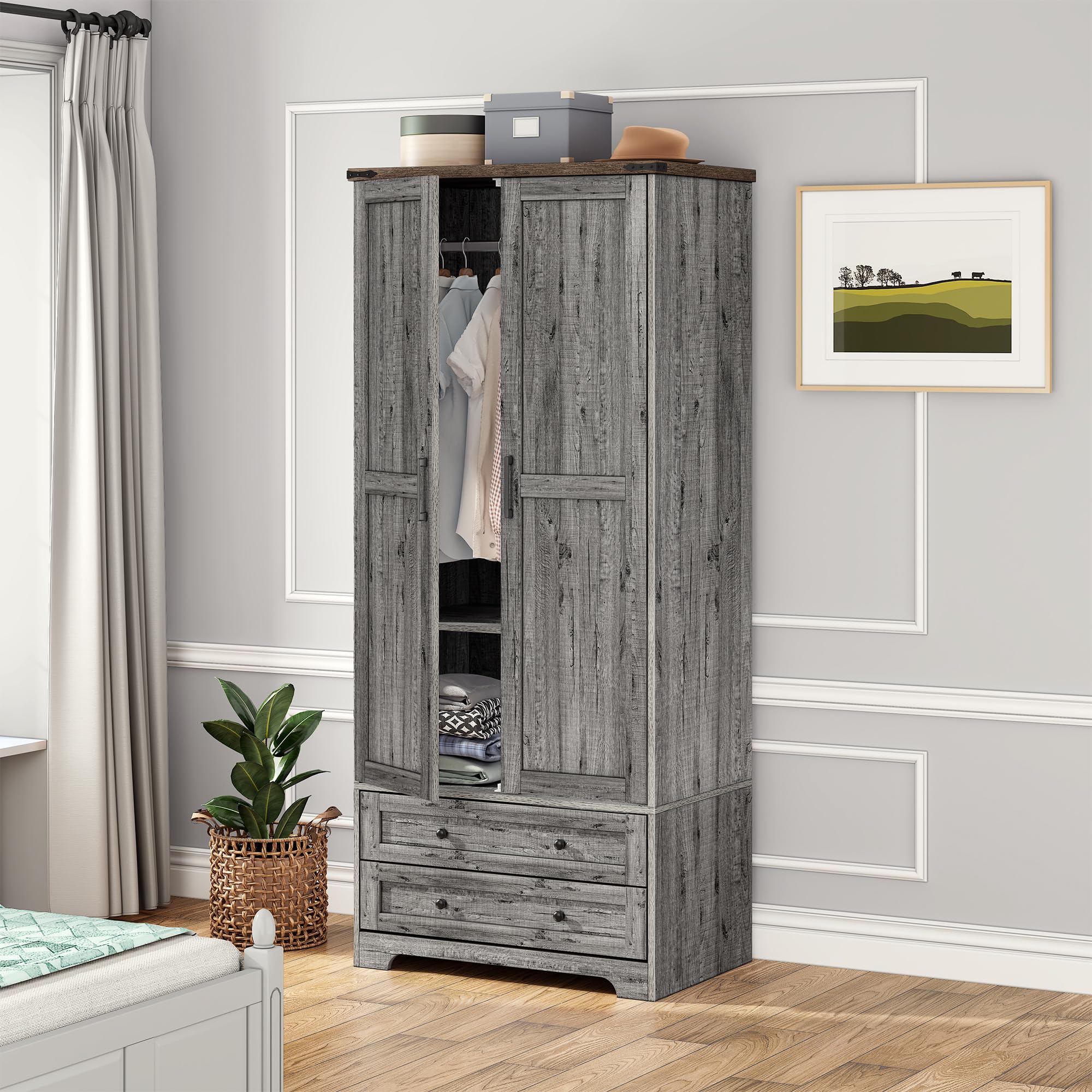 Brafab Armoire Wardrobe Closet with 2 Rattan Doors, 71" Farmhouse Tall Freestanding Coat Closet Wardrobe Cabinet with Drawers and Hanging Rail, Wooden Armoire Storage Cabinet with Shelf for Bedroom