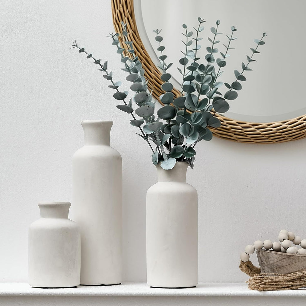 LUKA Ceramic Vase Set of 3,Decorative Terracotta Vases for Home Decor,Rustic Pottery Vase for Your Bedroom,Office,Living Room,Fireplace,Bookshelf （10+7.5+5 Inch） (Antique-White)