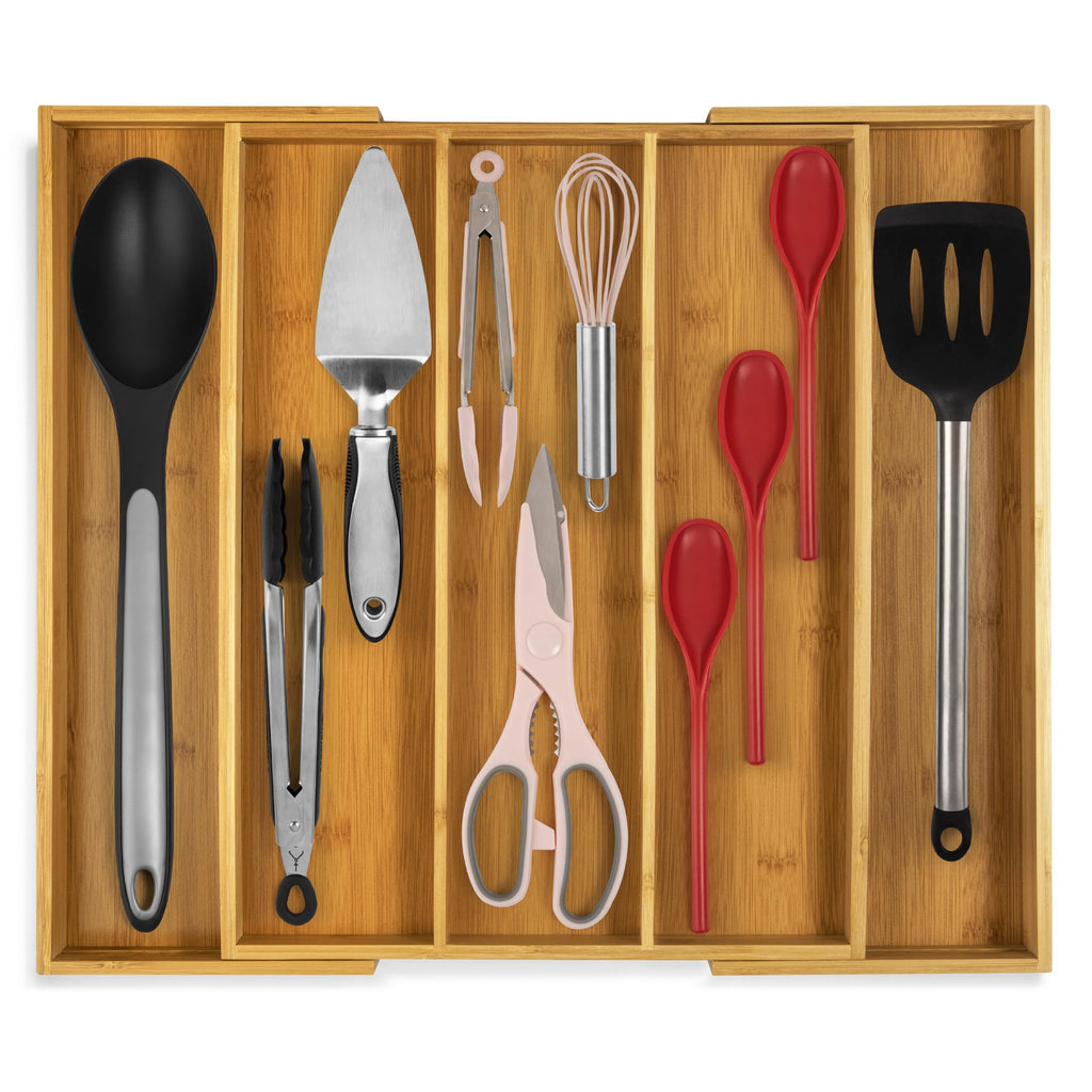 Purawood Kitchen Drawer Organizer - Expandable Utensil Drawer Organizer for Kitchen, Cutlery Tray & Silverware Organizer, 3-5 Slots - Bamboo Organizer for Utensils & Flatware (Natural)