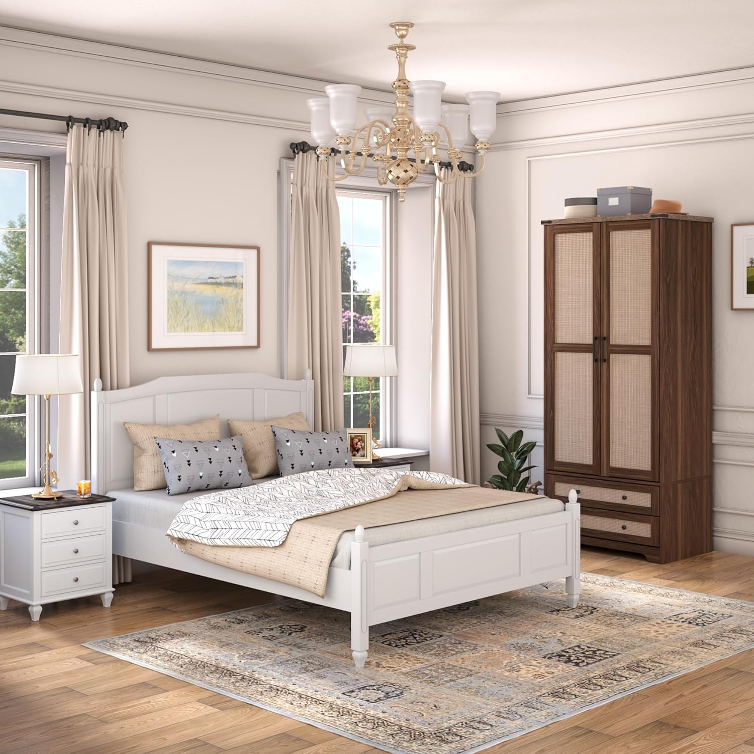 Brafab Armoire Wardrobe Closet with 2 Rattan Doors, 71" Farmhouse Tall Freestanding Coat Closet Wardrobe Cabinet with Drawers and Hanging Rail, Wooden Armoire Storage Cabinet with Shelf for Bedroom