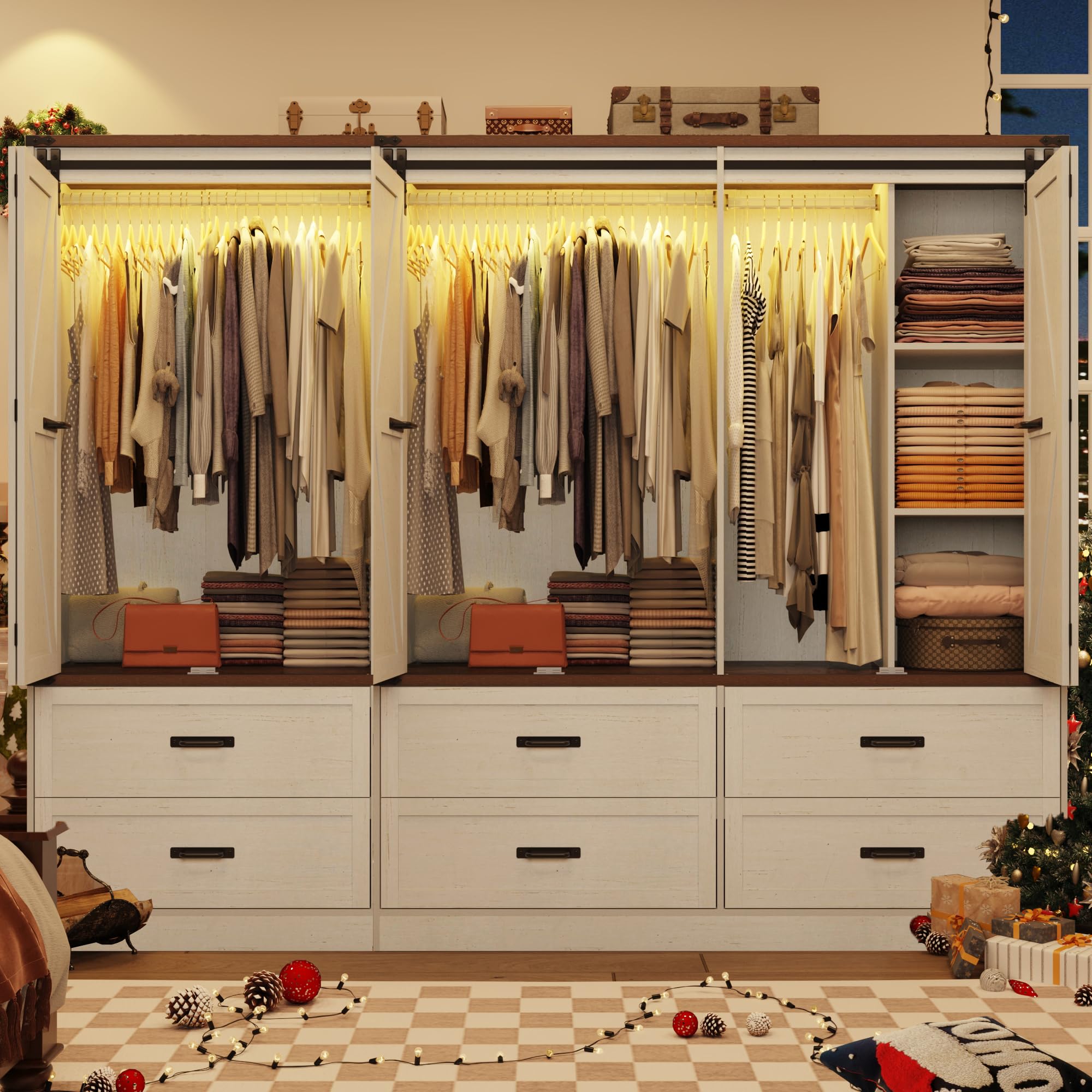 Farmhouse 3 Doors Armoire Wardrobe Closet w/Folding Sliding Barn Door and Lights, LED Armoire Closet w/Drawers for Bedroom, Freestanding Wooden Wardrobe Storage Closets w/Hanging Rod,Rustic Brown