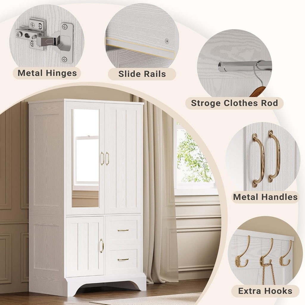 White 3-Door Mirrored Wooden Armoire Wardrobe Closet with 2 Drawers & Hanging Rod